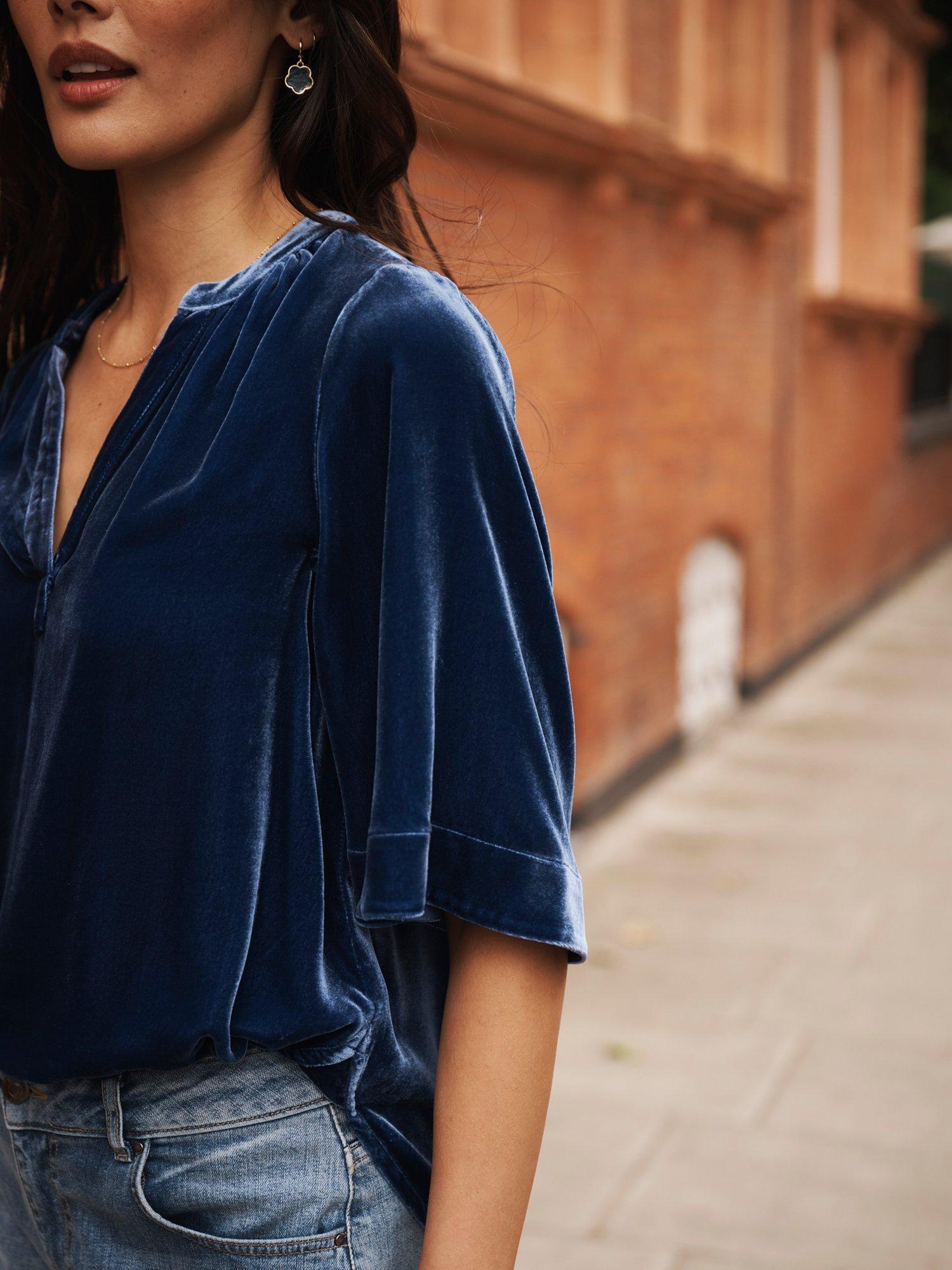 Product image 4 of 7, which shows NRBY Leena Velvet Top, Denim Blue, S