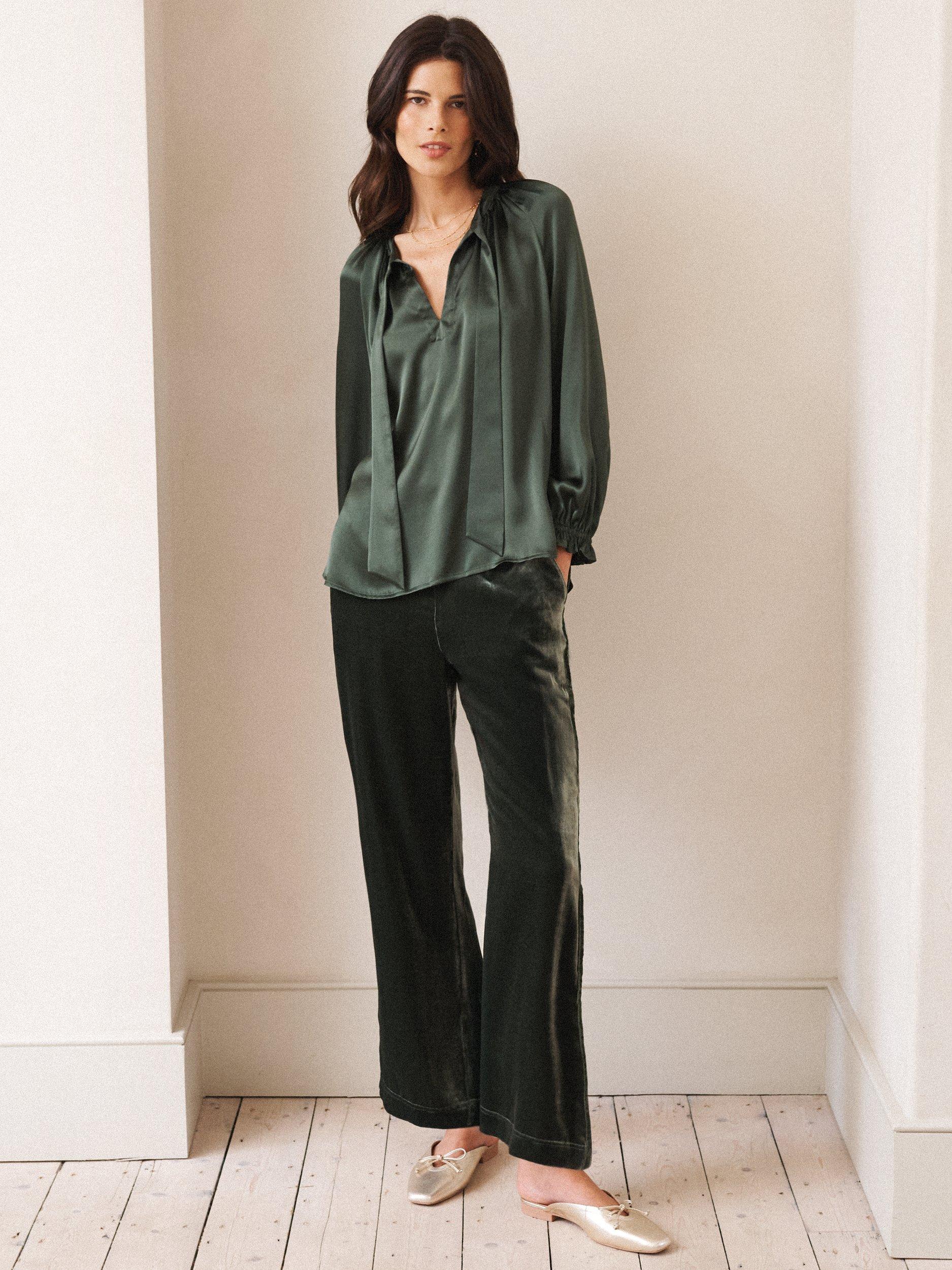 Product image 1 of 8, which shows NRBY Thea Side Stripe Velvet Trousers, Khaki, 8