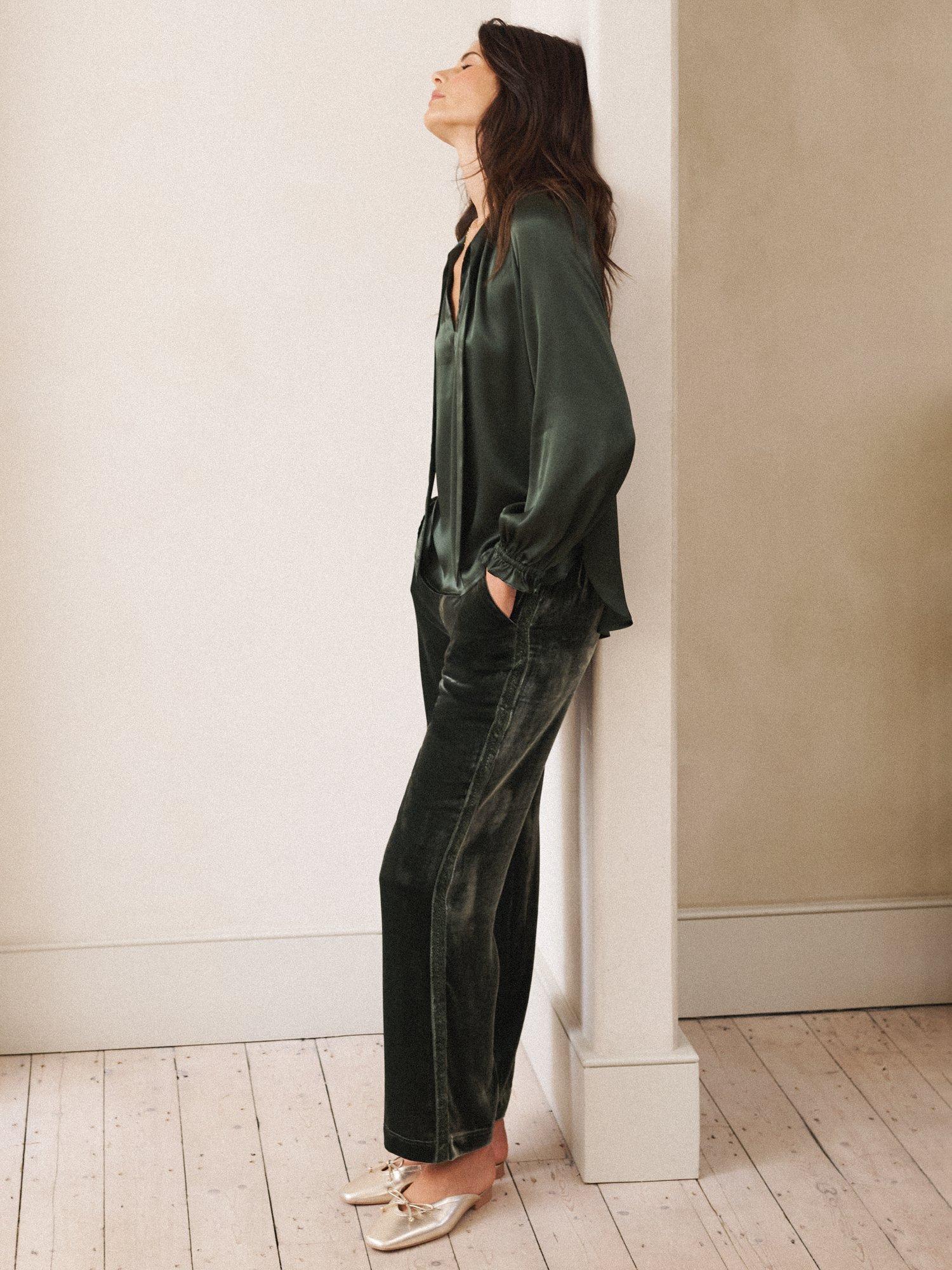Product image 2 of 8, which shows NRBY Thea Side Stripe Velvet Trousers, Khaki, 8
