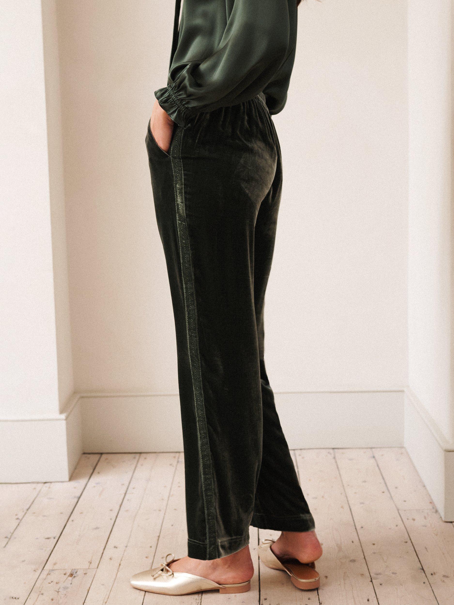 Product image 3 of 8, which shows NRBY Thea Side Stripe Velvet Trousers, Khaki, 8