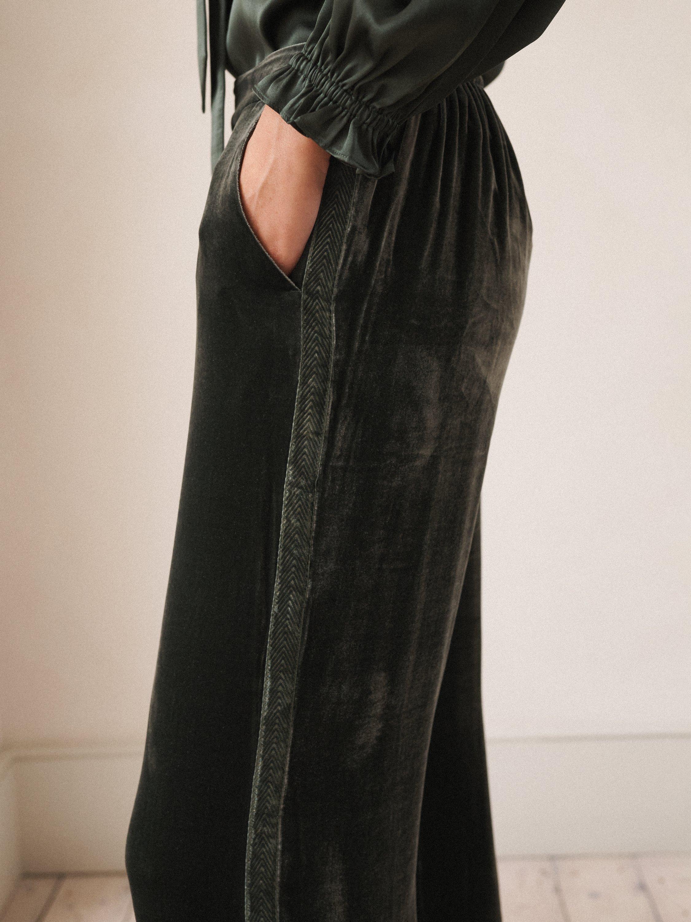 Product image 4 of 8, which shows NRBY Thea Side Stripe Velvet Trousers, Khaki, 8