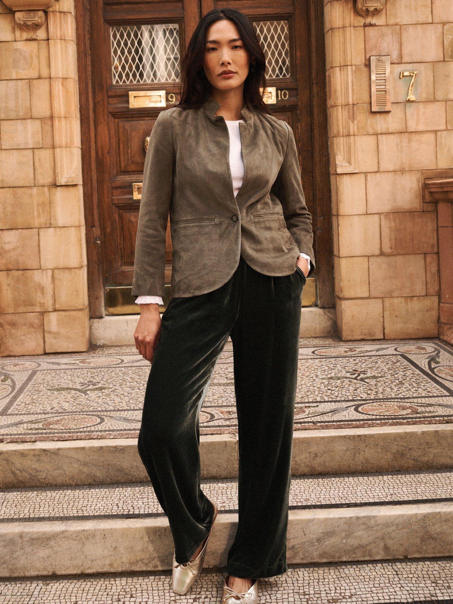 Product image 5 of 8, which shows NRBY Thea Side Stripe Velvet Trousers, Khaki, 8