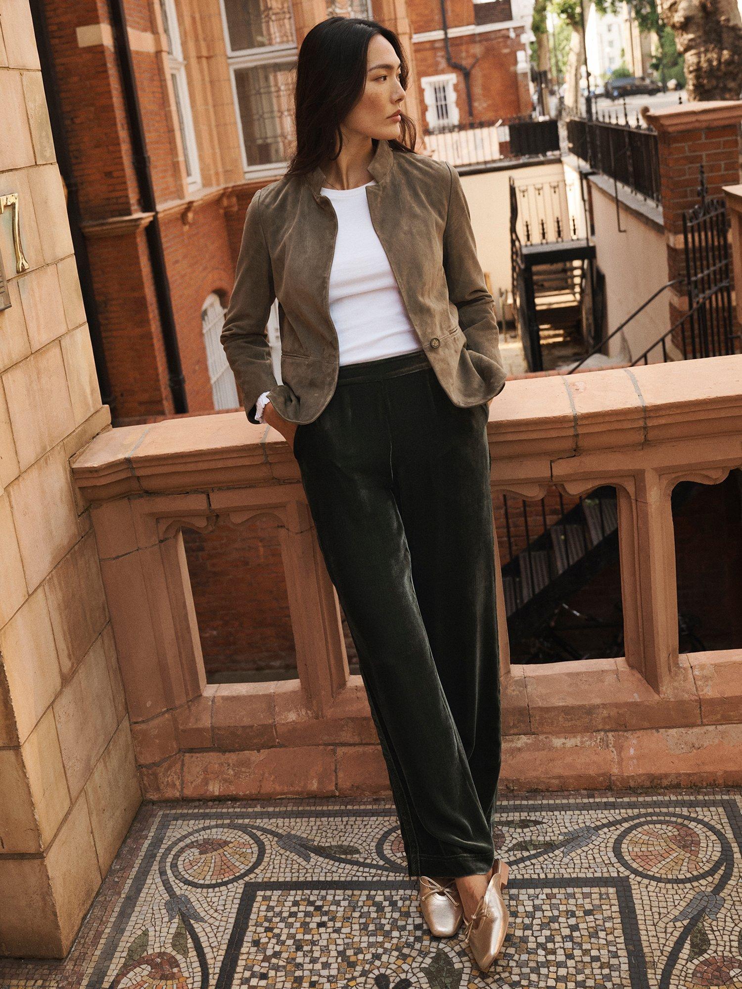 Product image 6 of 8, which shows NRBY Thea Side Stripe Velvet Trousers, Khaki, 8