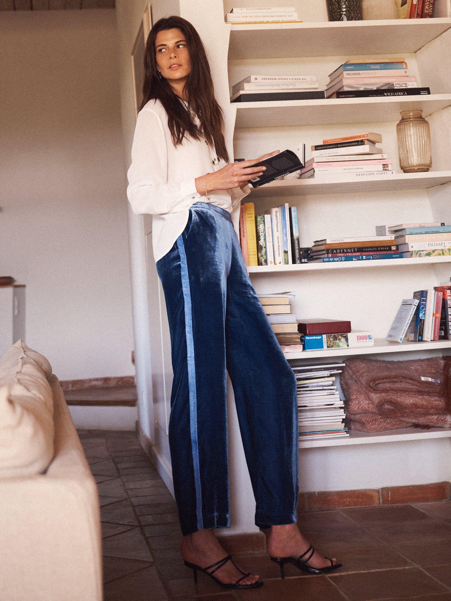 Product image 6 of 8, which shows NRBY Thea Side Stripe Velvet Trousers, Denim Blue, 8