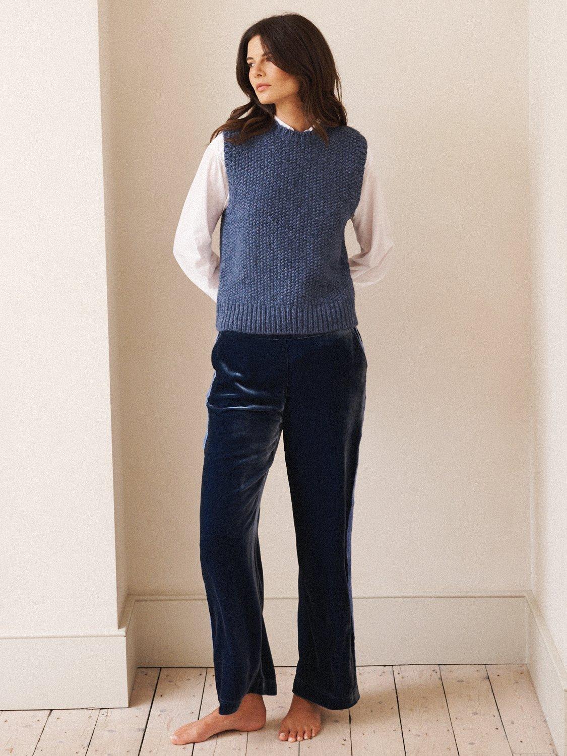 Product image 7 of 8, which shows NRBY Thea Side Stripe Velvet Trousers, Denim Blue, 8