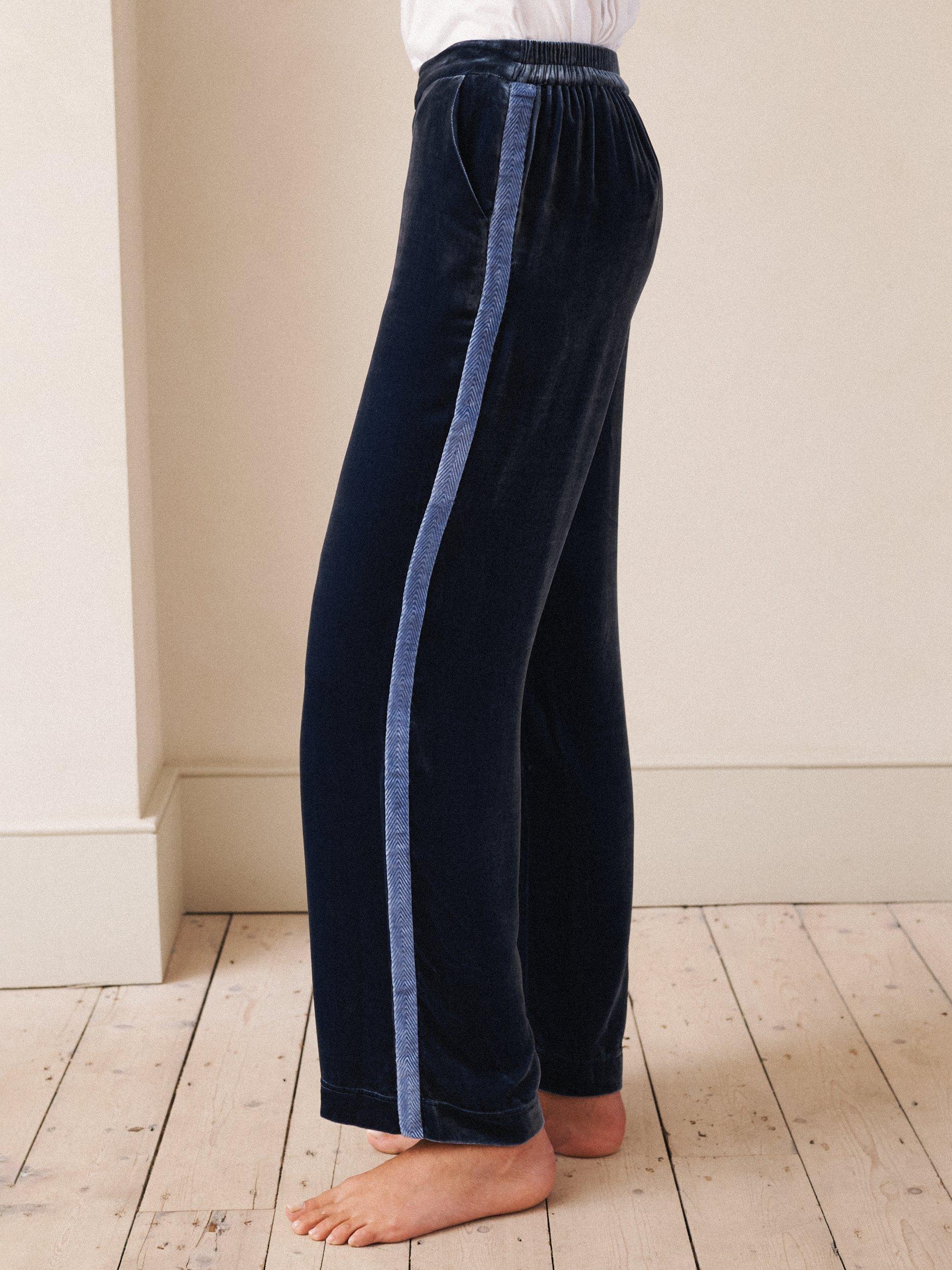 Product image 8 of 8, which shows NRBY Thea Side Stripe Velvet Trousers, Denim Blue, 8