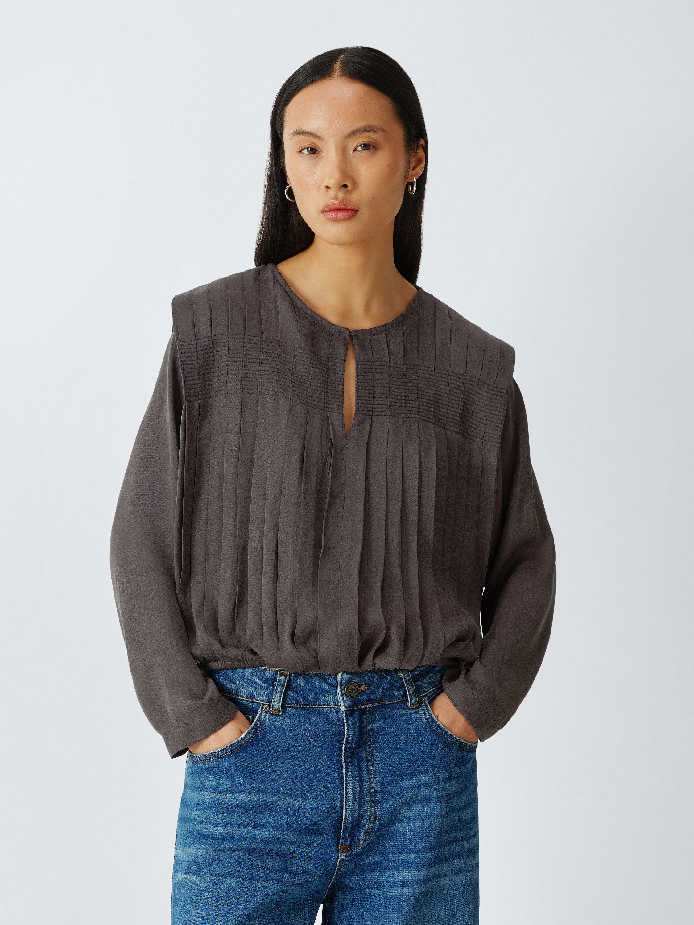 Product image 3 of 8, which shows AND/OR Pleat Detail Long Sleeve Top, Grey, 8