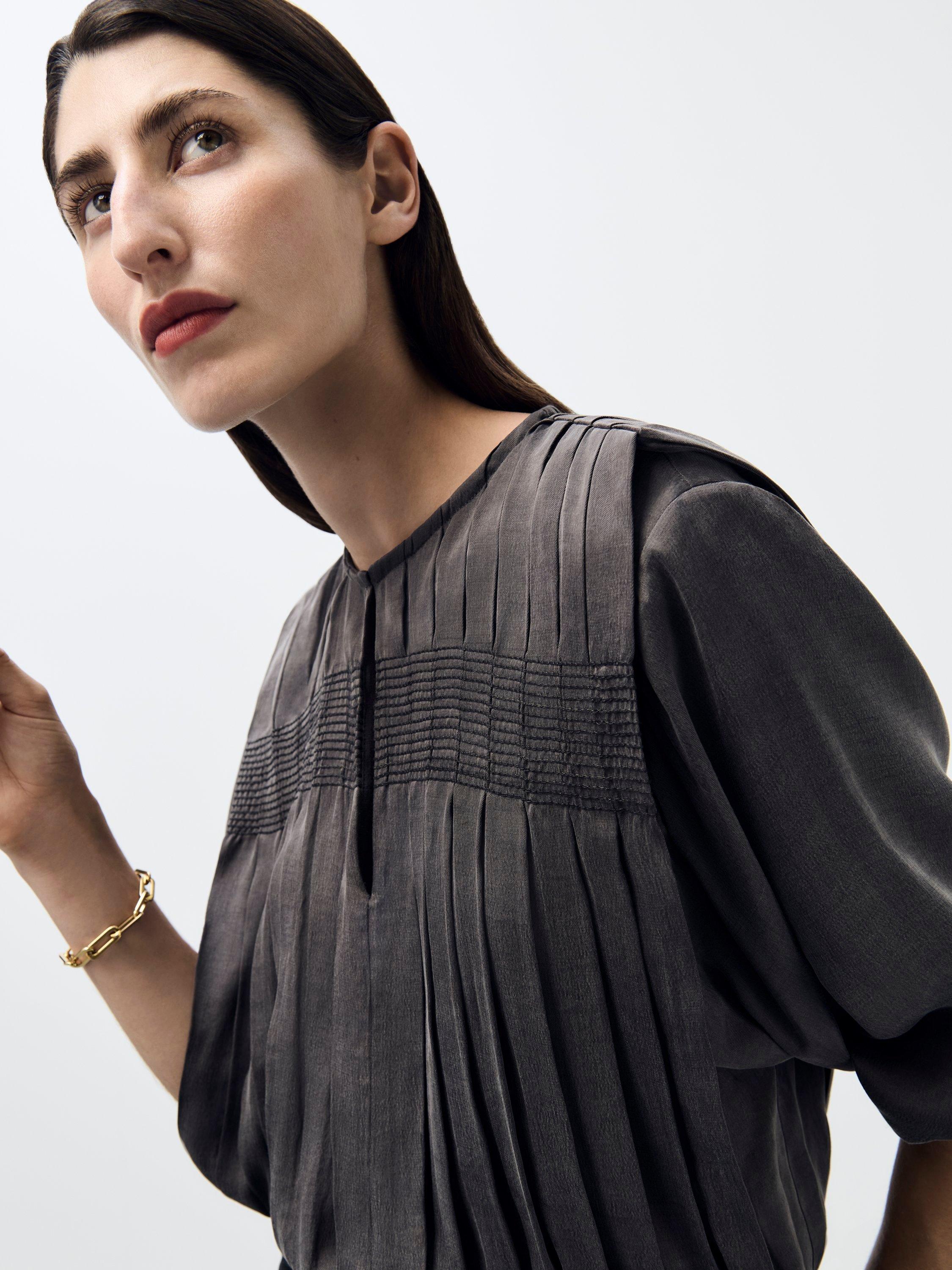 Product image 8 of 8, which shows AND/OR Pleat Detail Long Sleeve Top, Grey, 8