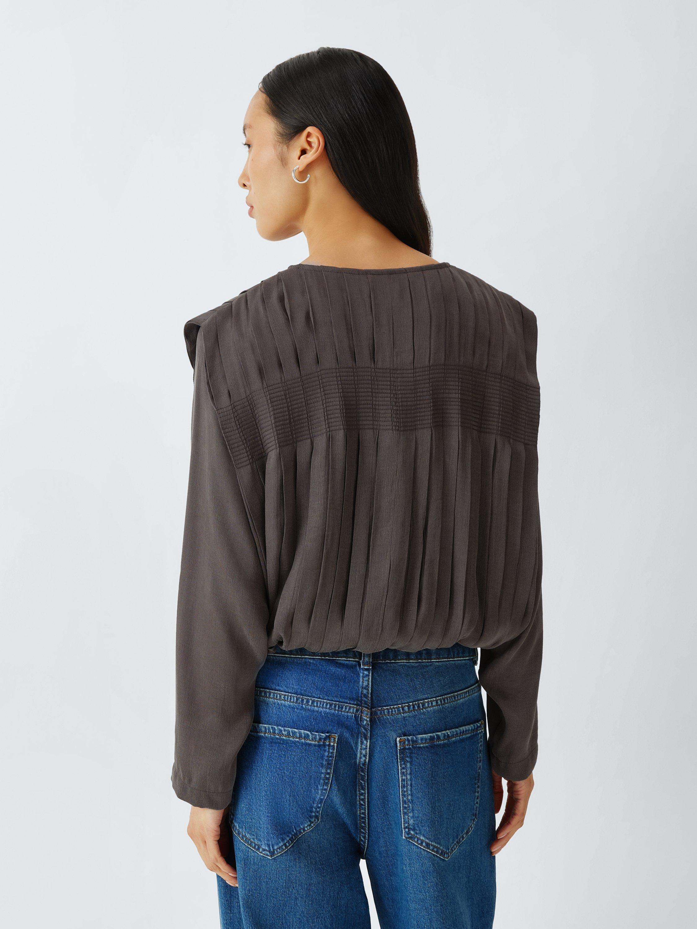 Product image 2 of 8, which shows AND/OR Pleat Detail Long Sleeve Top, Grey, 8