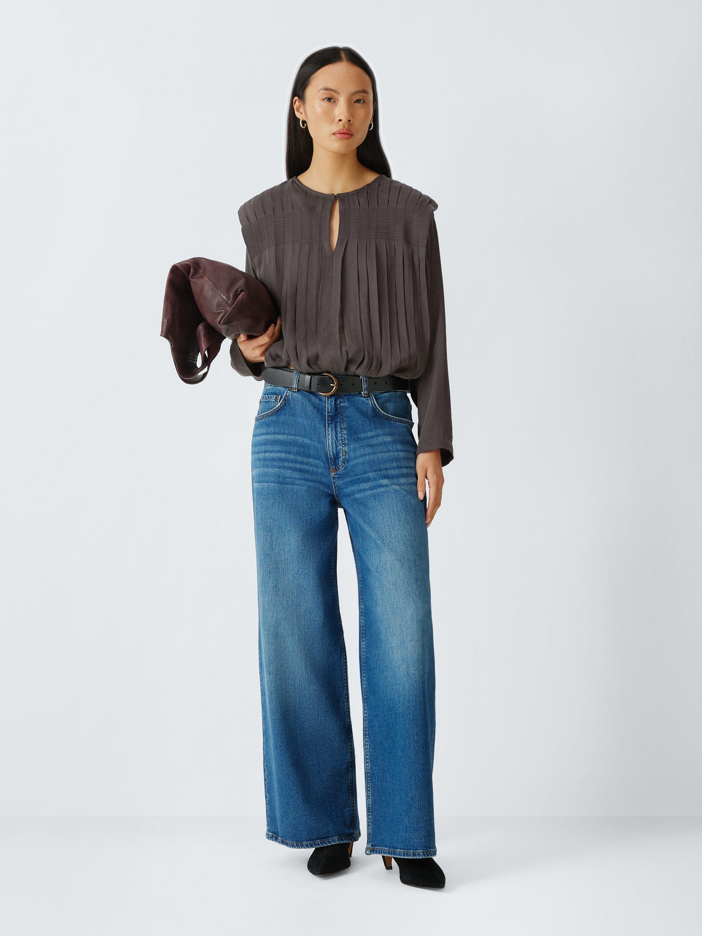 Product image 4 of 8, which shows AND/OR Pleat Detail Long Sleeve Top, Grey, 8