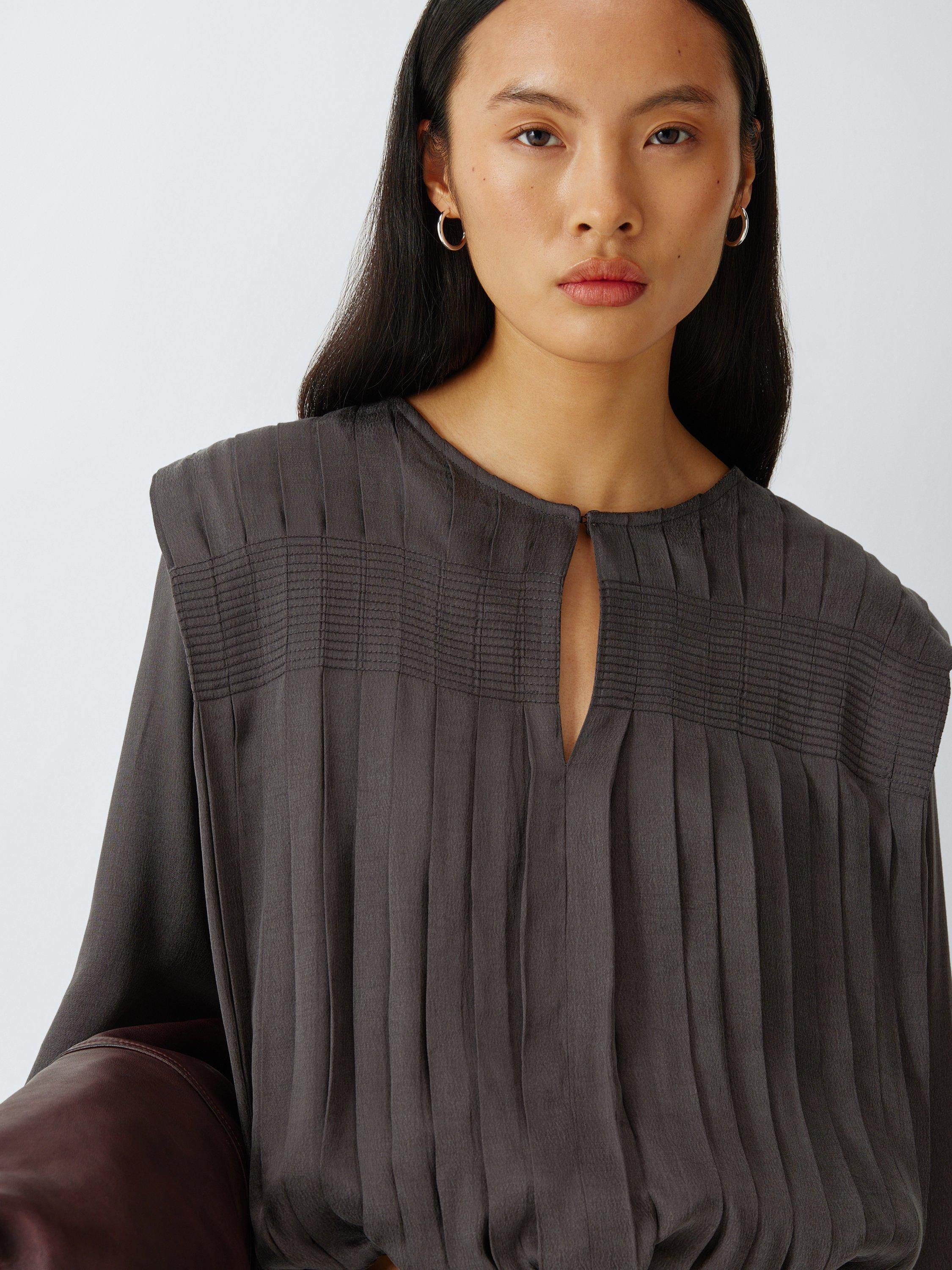 Product image 6 of 8, which shows AND/OR Pleat Detail Long Sleeve Top, Grey, 8