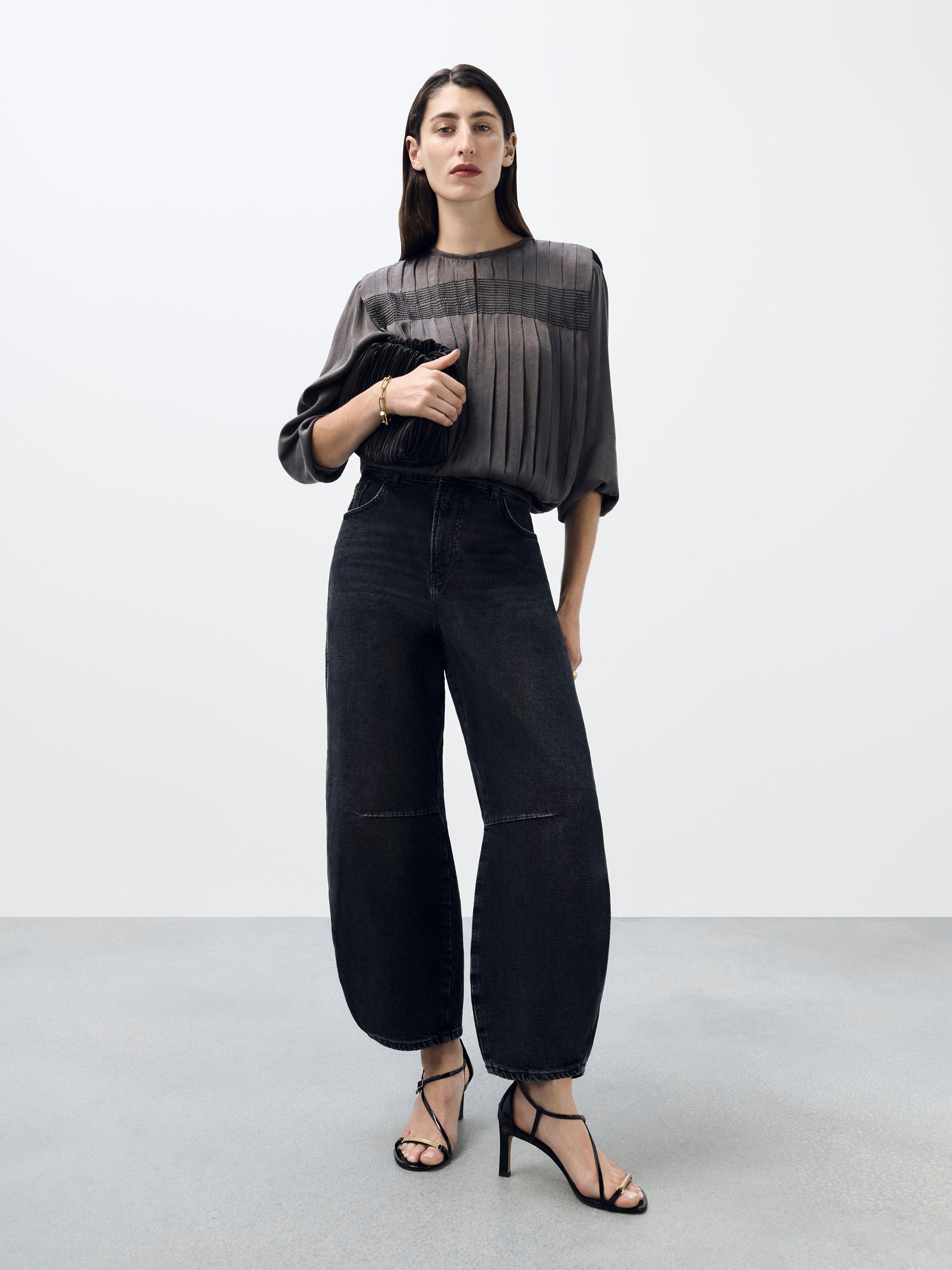 Product image 1 of 8, which shows AND/OR Pleat Detail Long Sleeve Top, Grey, 8