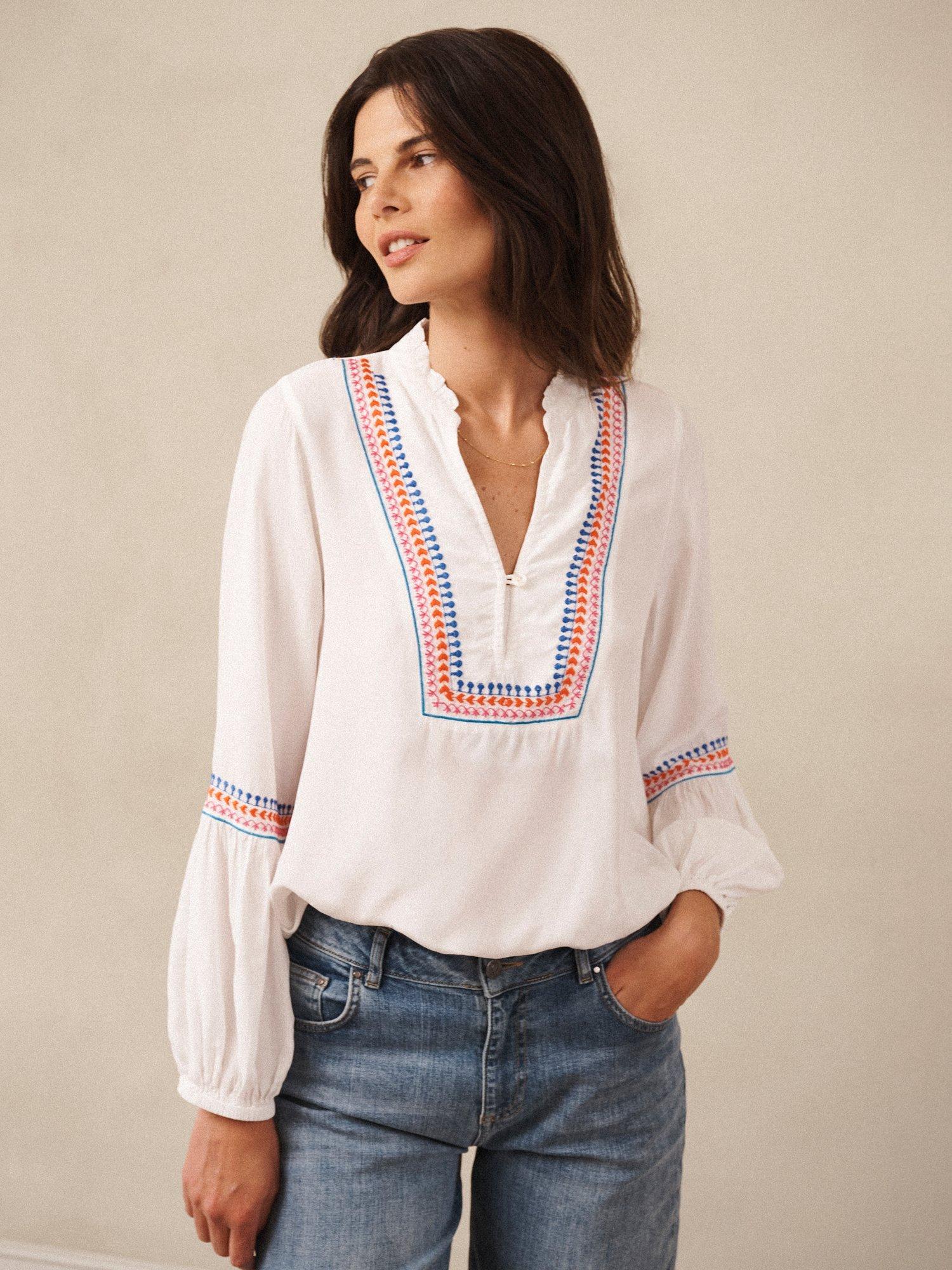 Product image 7 of 8, which shows NRBY Vaila Embroidered Long Sleeve V Neck Blouse, White, XS