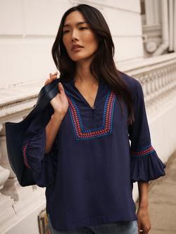 NRBY Vaila Embroidered Long Sleeve V Neck Blouse, Navy