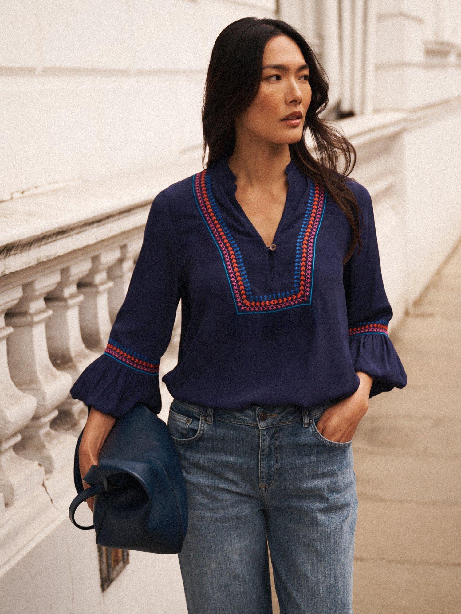 Product image 7 of 8, which shows NRBY Vaila Embroidered Long Sleeve V Neck Blouse, Navy, XS