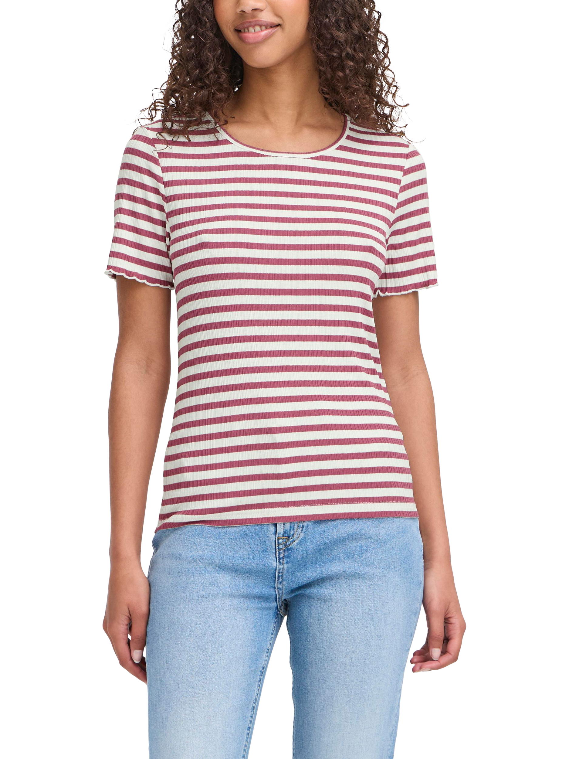 Product image 1 of 7, which shows ICHI Cella Stripe Crew Neck T-Shirt, Maroon/Cloud Dancer, XS