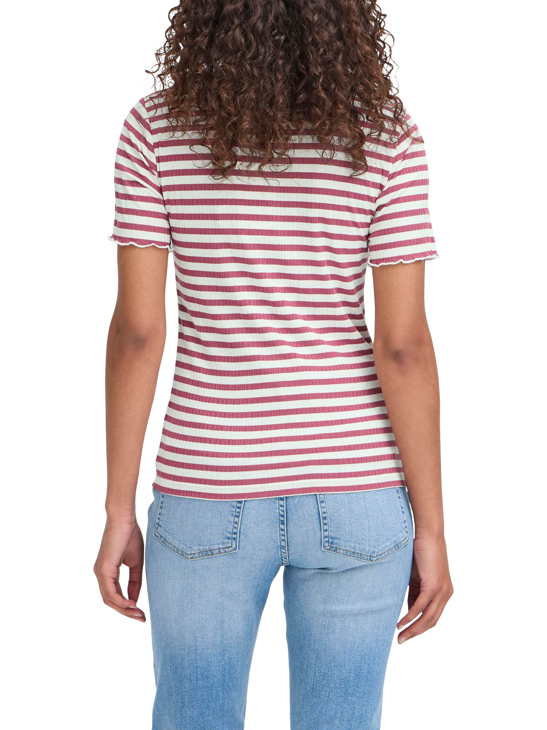 Product image 2 of 7, which shows ICHI Cella Stripe Crew Neck T-Shirt, Maroon/Cloud Dancer, XS