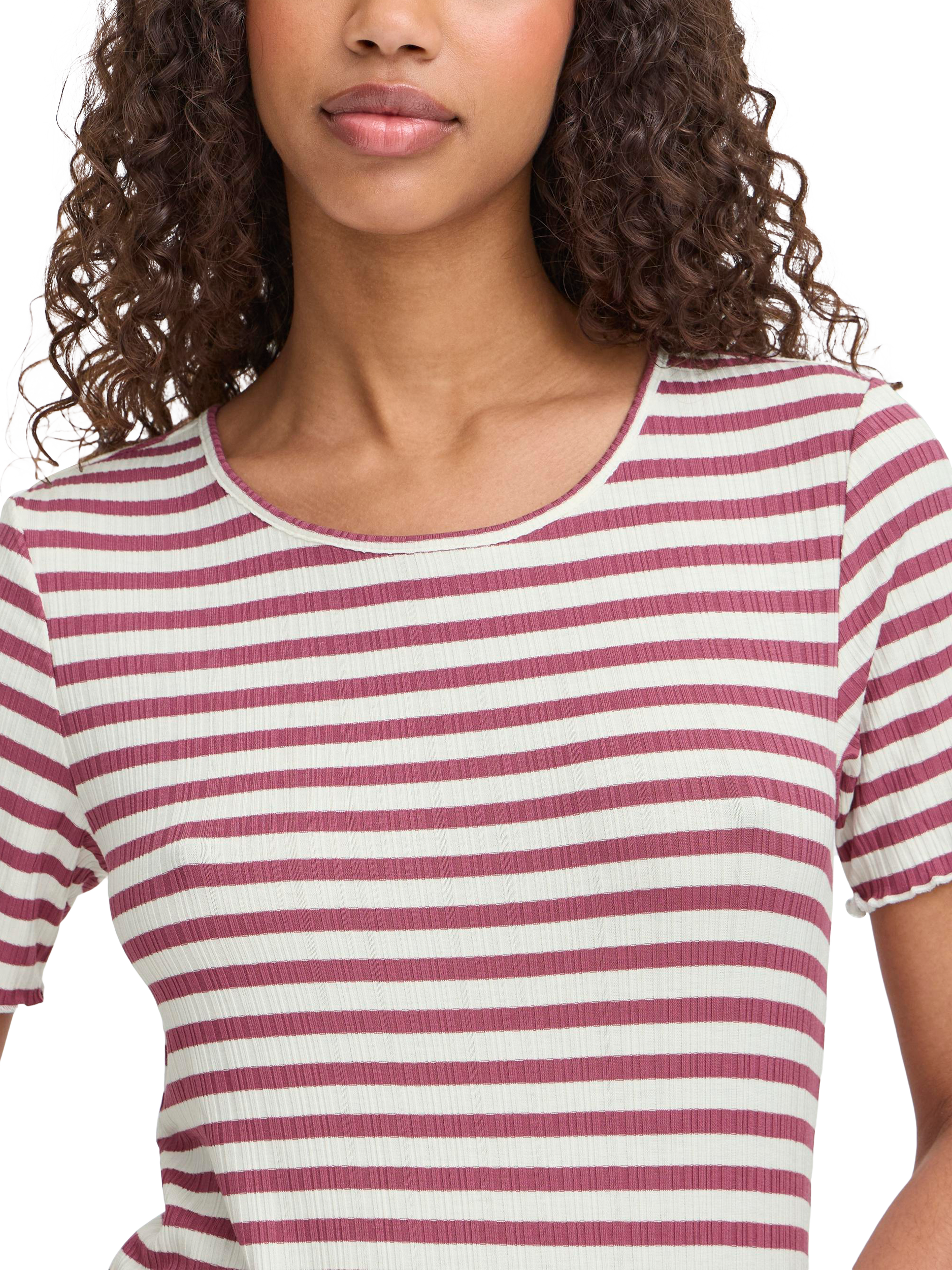 Product image 4 of 7, which shows ICHI Cella Stripe Crew Neck T-Shirt, Maroon/Cloud Dancer, XS