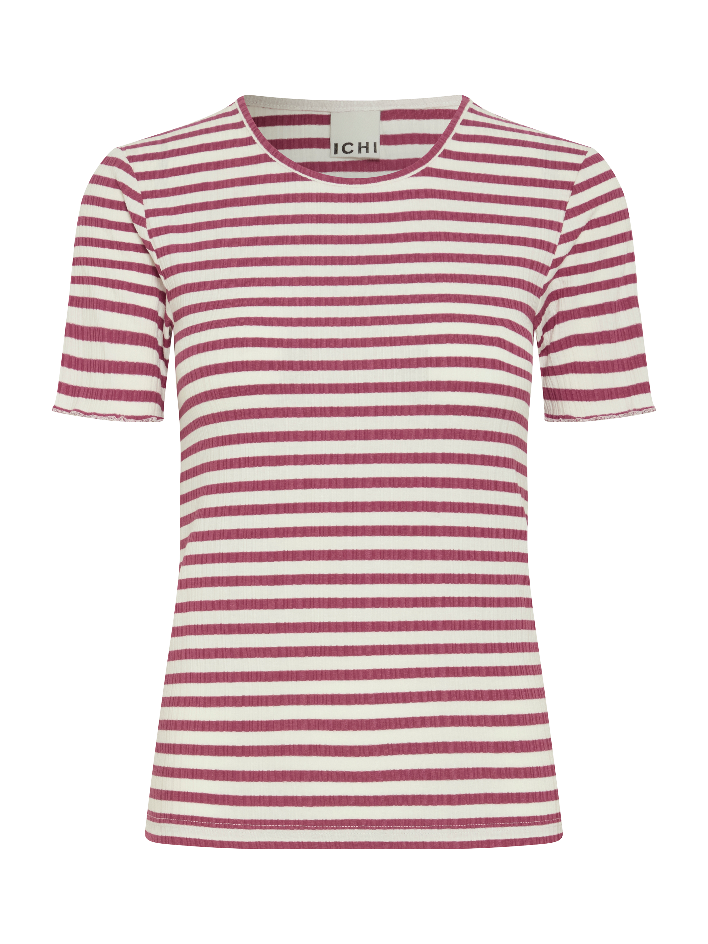 Product image 5 of 7, which shows ICHI Cella Stripe Crew Neck T-Shirt, Maroon/Cloud Dancer, XS