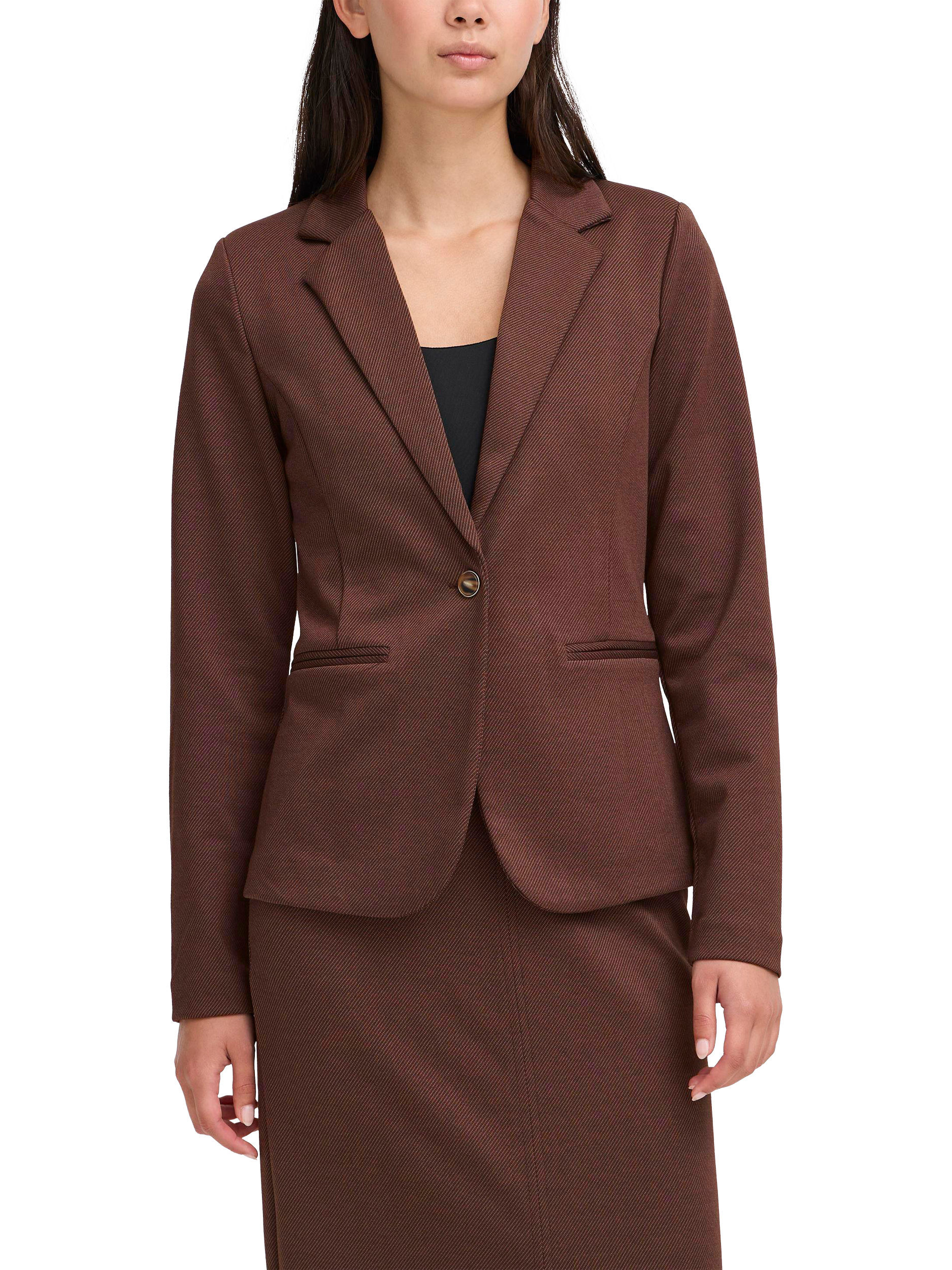 Product image 1 of 7, which shows ICHI Kate Textured Blazer, Coffee Bean, XS