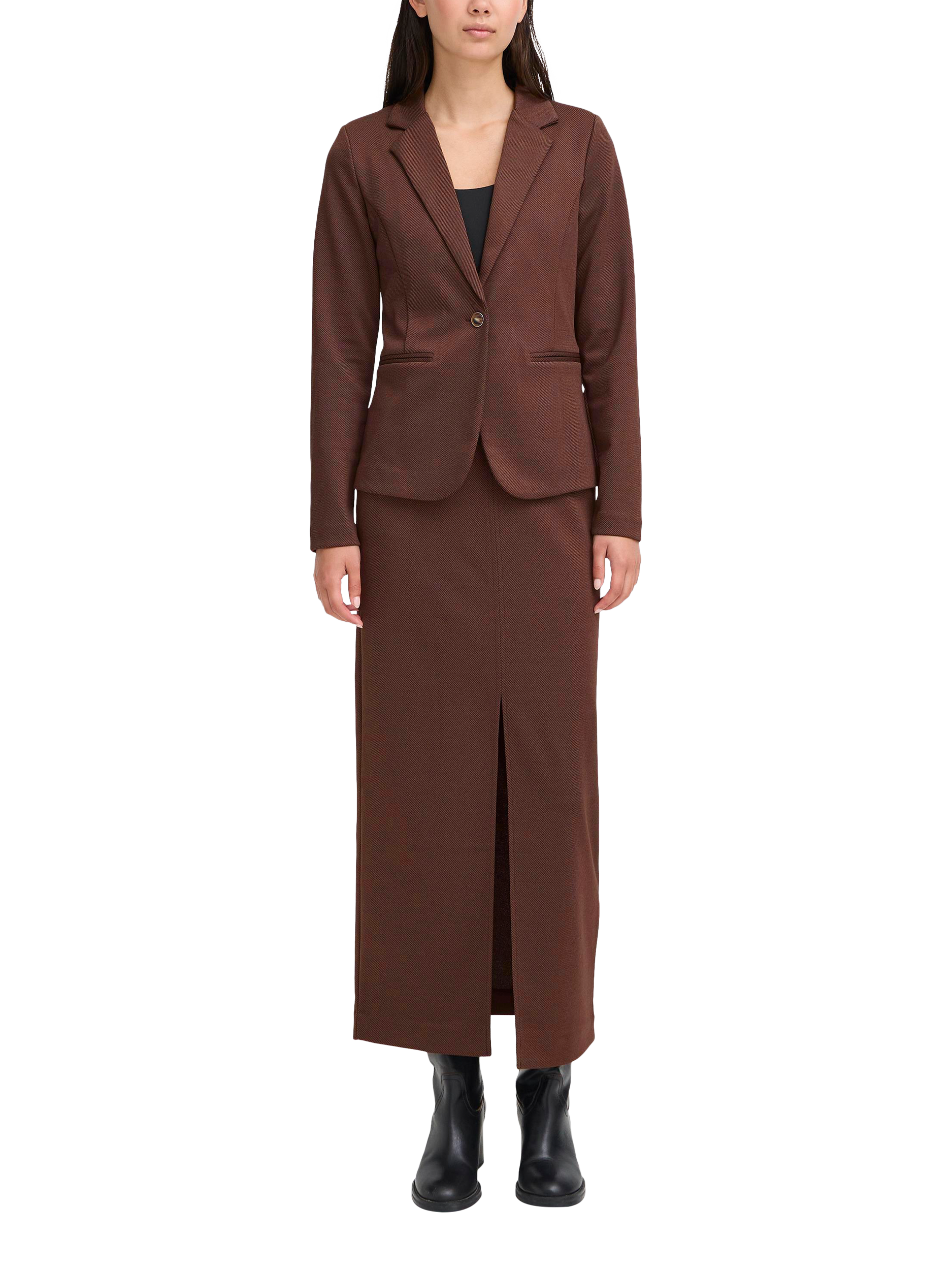 Product image 3 of 7, which shows ICHI Kate Textured Blazer, Coffee Bean, XS