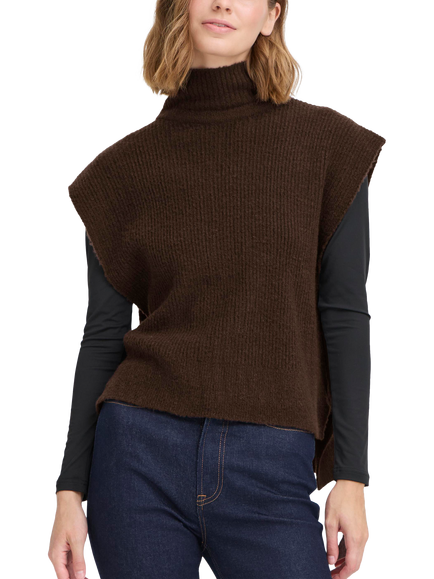 ICHI Amaise High Neck Poncho, Coffee Bean Melange