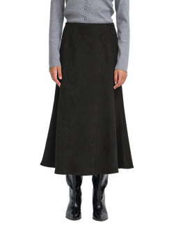 ICHI Afo Faux Suede Midi Skirt, Black, Black