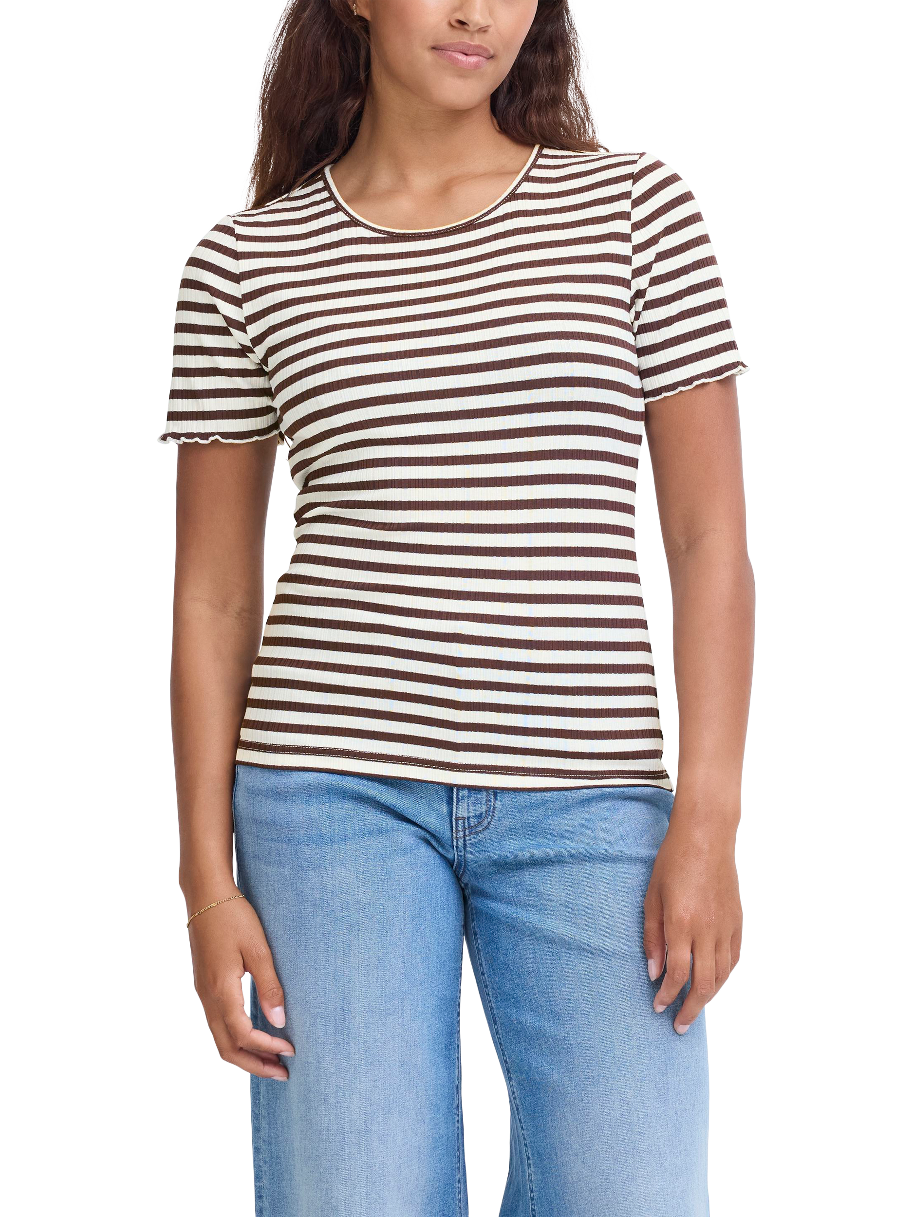 Product image 1 of 7, which shows ICHI Cella Stripe Crew Neck T-Shirt, Coffee Bean/Cloud, XS