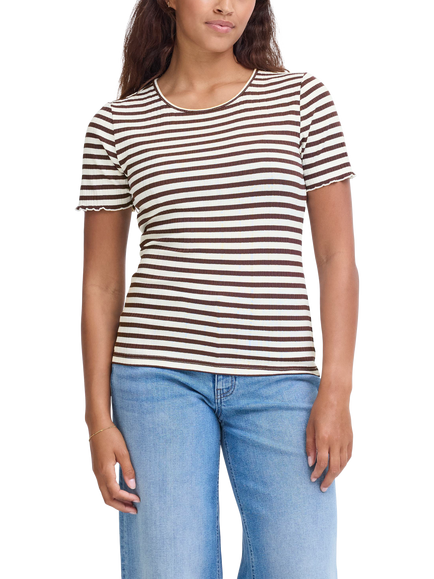 ICHI Cella Stripe Crew Neck T-Shirt, Coffee Bean/Cloud