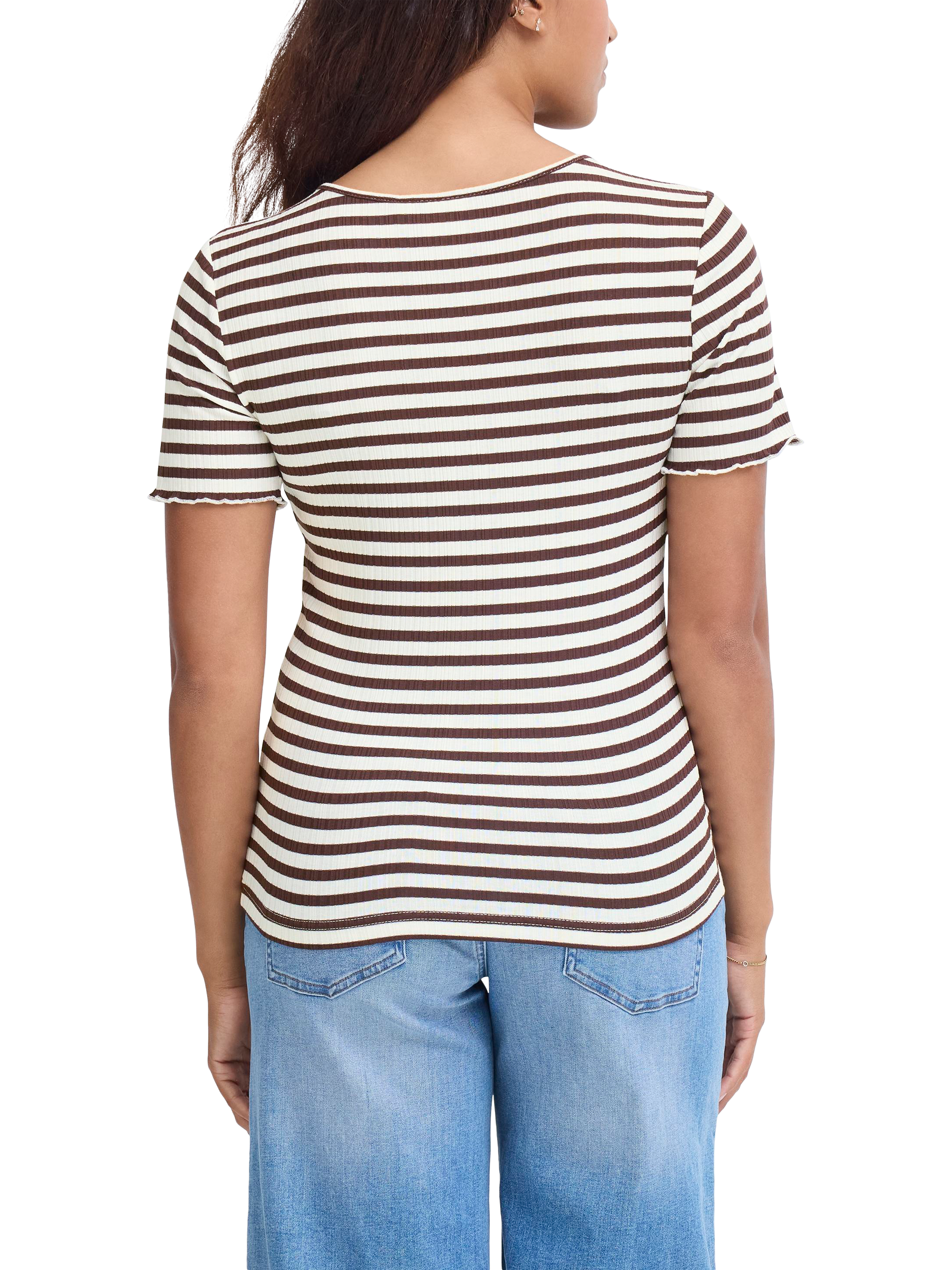 Product image 2 of 7, which shows ICHI Cella Stripe Crew Neck T-Shirt, Coffee Bean/Cloud, XS