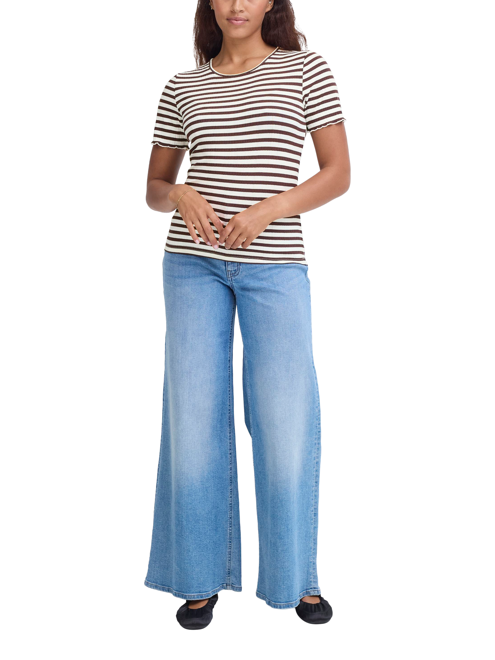 Product image 3 of 7, which shows ICHI Cella Stripe Crew Neck T-Shirt, Coffee Bean/Cloud, XS