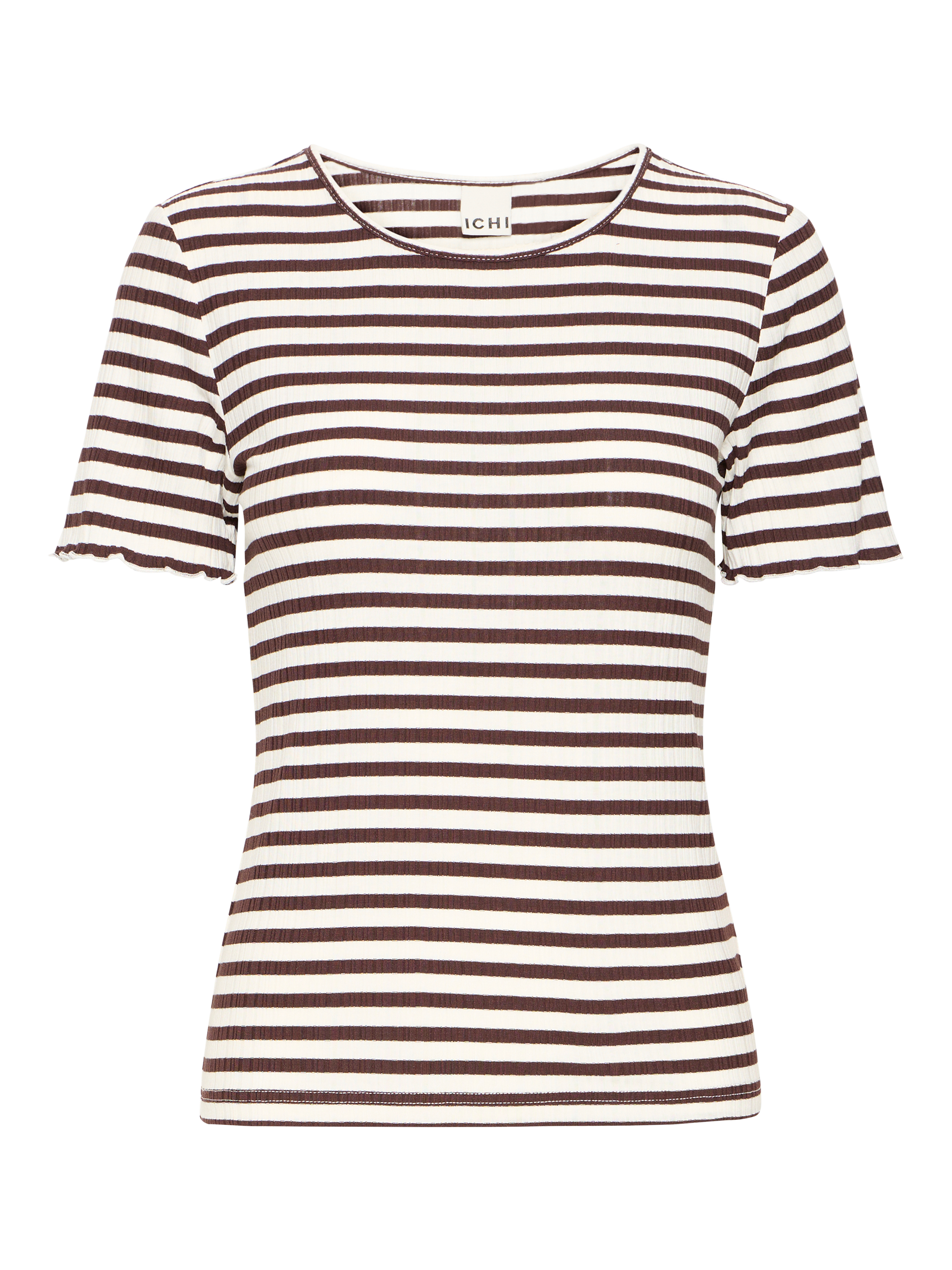 Product image 5 of 7, which shows ICHI Cella Stripe Crew Neck T-Shirt, Coffee Bean/Cloud, XS