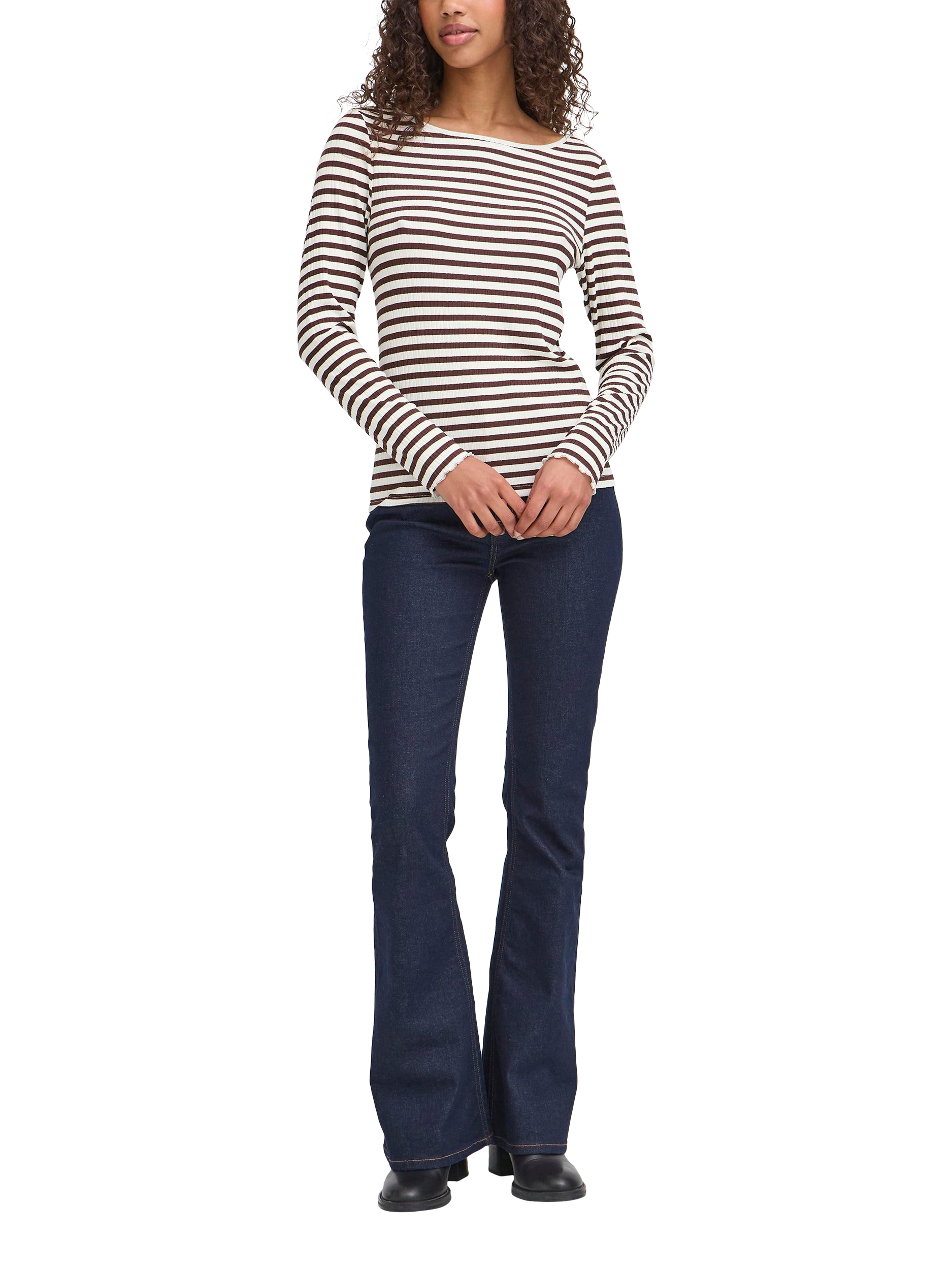 Product image 3 of 7, which shows ICHI Cella Stripe Long Sleeve Top, Coffee Bean/Cloud, XS