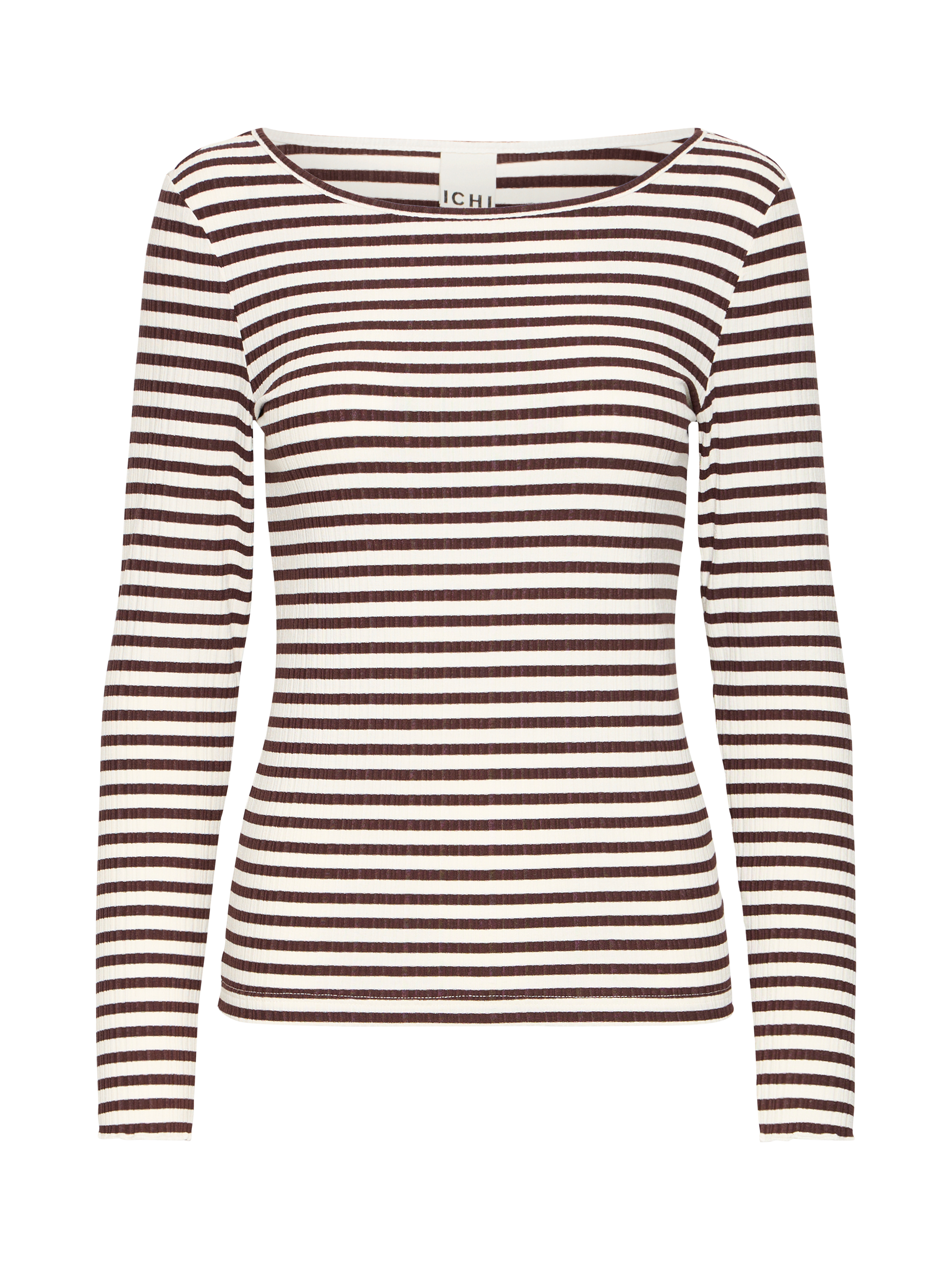 Product image 5 of 7, which shows ICHI Cella Stripe Long Sleeve Top, Coffee Bean/Cloud, XS