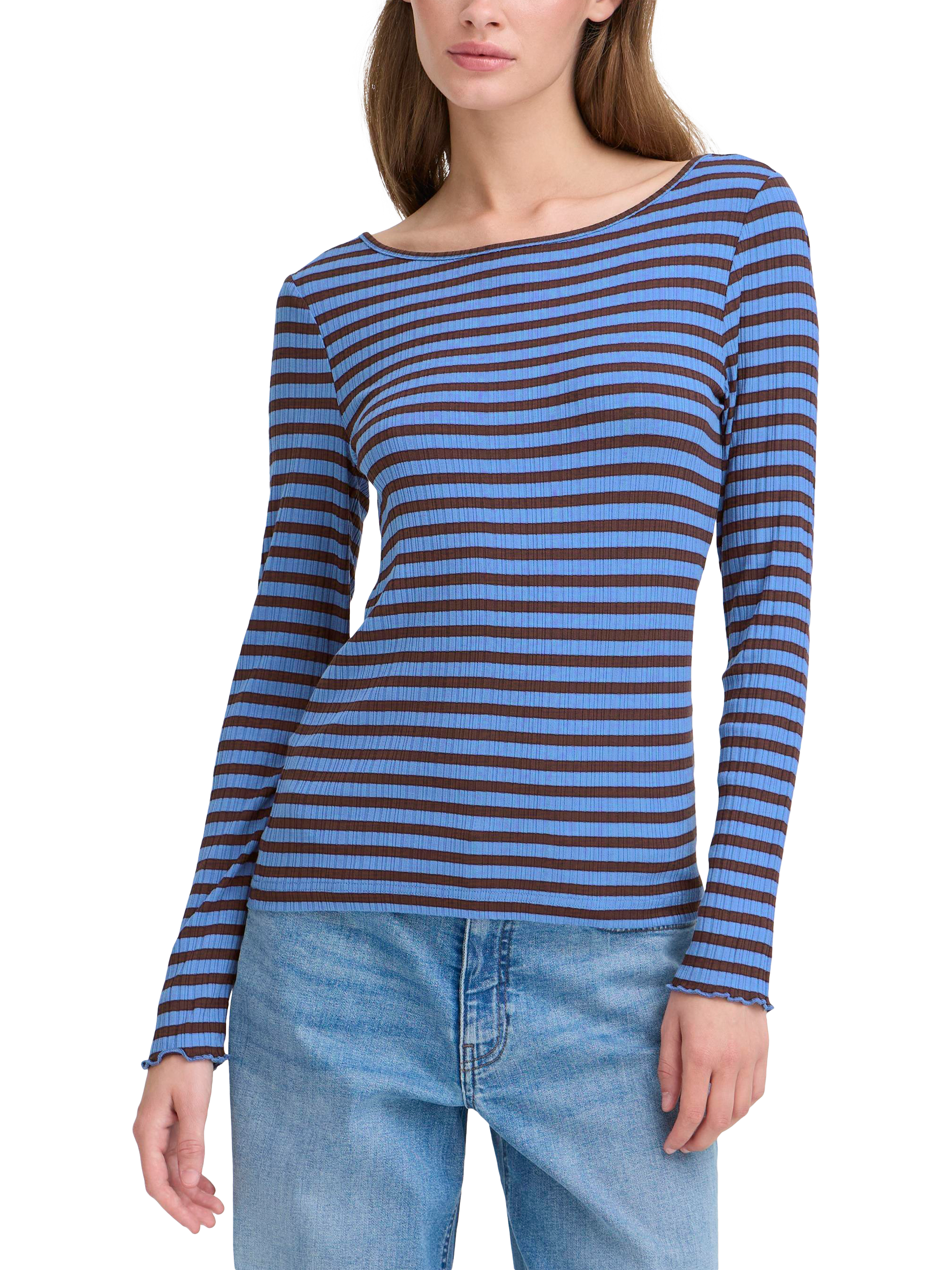 Product image 1 of 7, which shows ICHI Cella Stripe Top, Blue Yonder/Coffee, XS