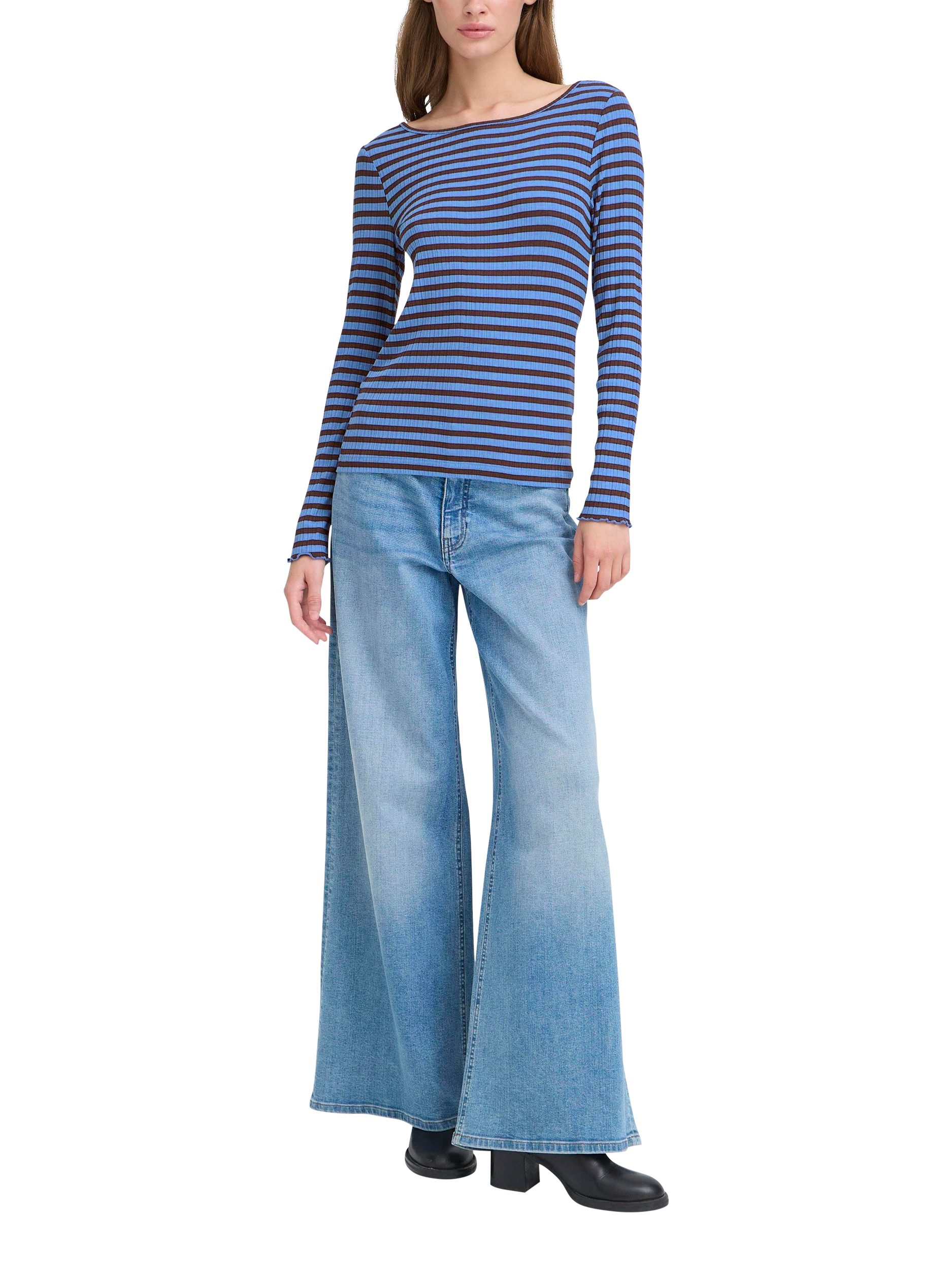 Product image 3 of 7, which shows ICHI Cella Stripe Top, Blue Yonder/Coffee, XS