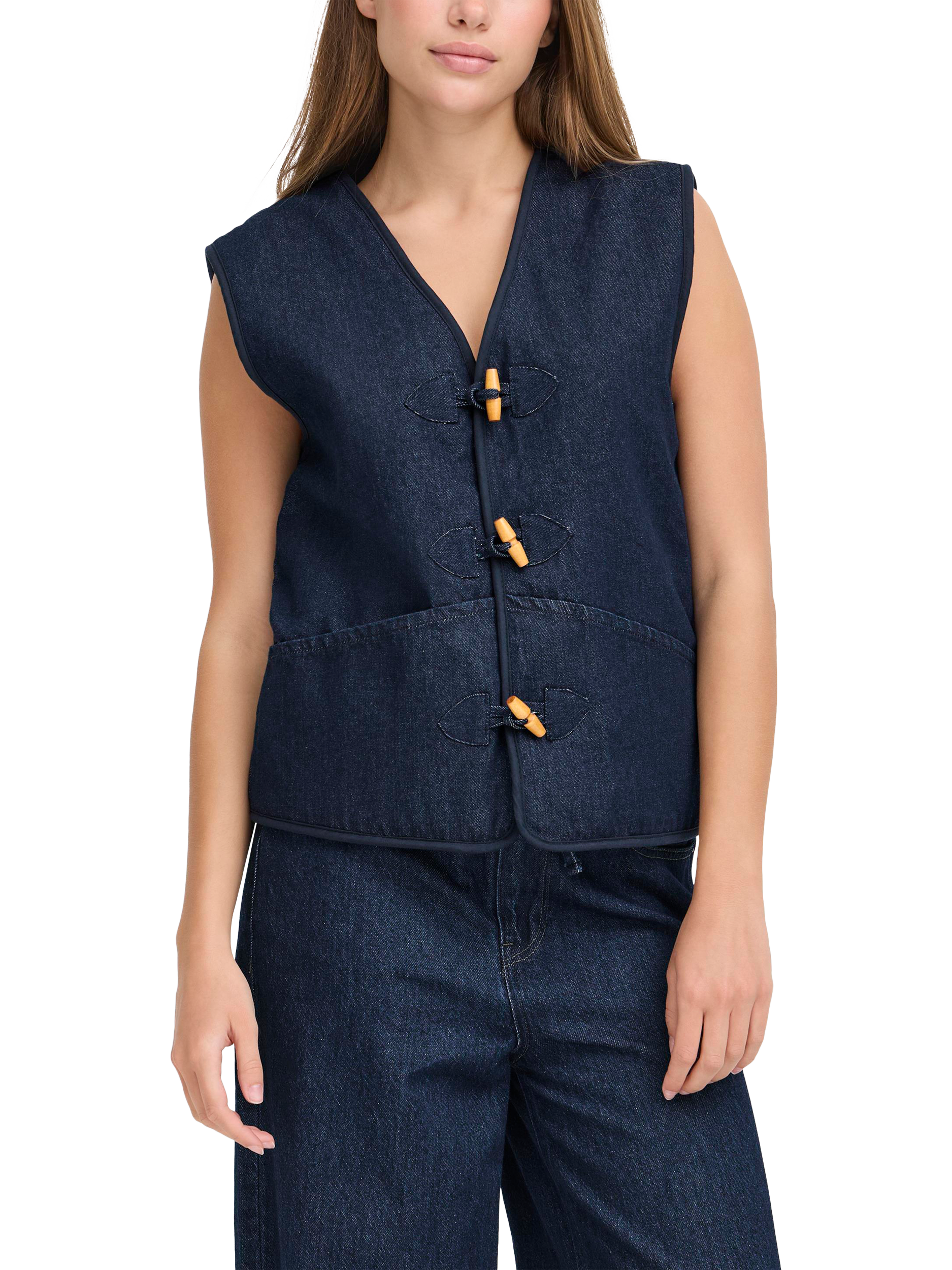 Product image 1 of 7, which shows ICHI Hiramo Knit Waistcoat, Denim Authentic Blue, 10
