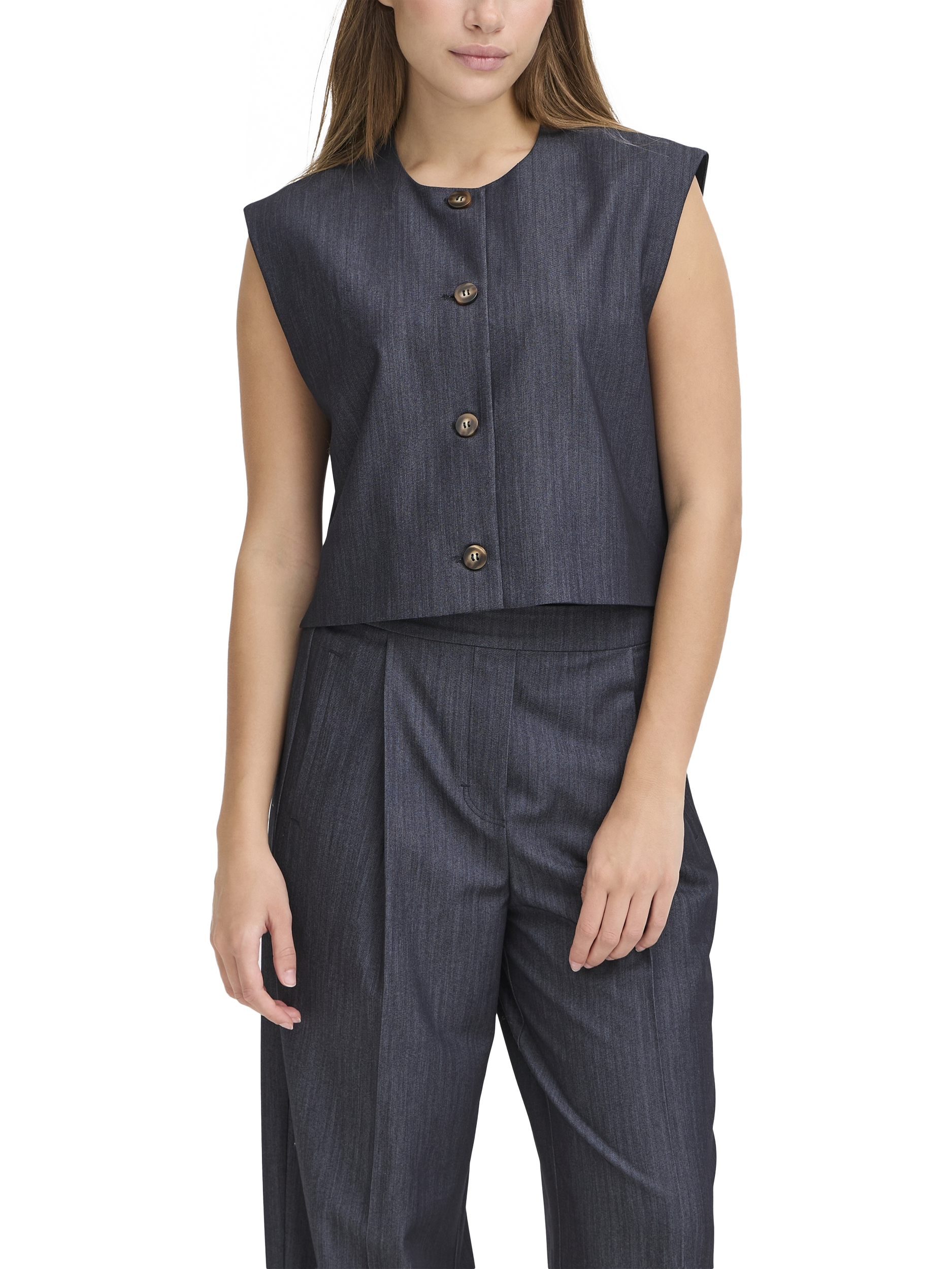 Product image 1 of 7, which shows ICHI Stretch Button Waistcoat, Dark Blue, 8