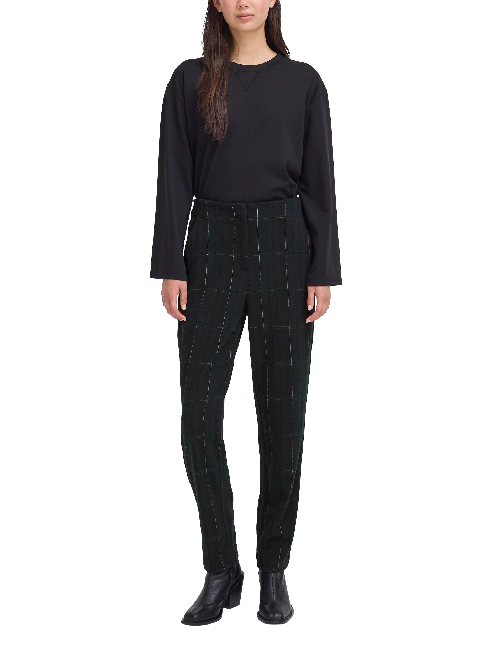 Product image 3 of 7, which shows ICHI Kate Check Tailored Trousers, Black/Green, XS