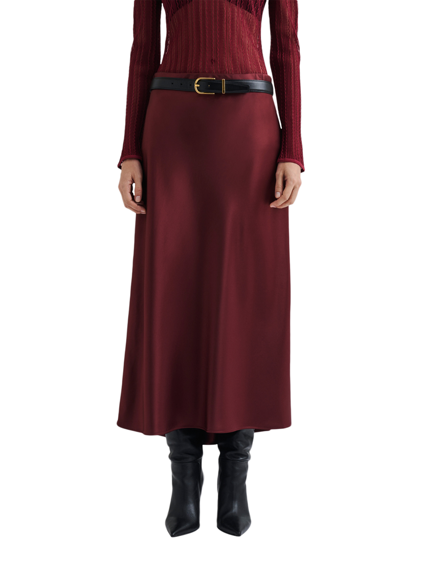 Product image 1 of 4, which shows Malina Aubree Satin Skirt, Wine, XS