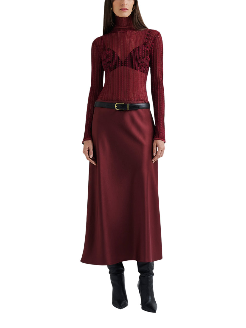 Product image 3 of 4, which shows Malina Aubree Satin Skirt, Wine, XS