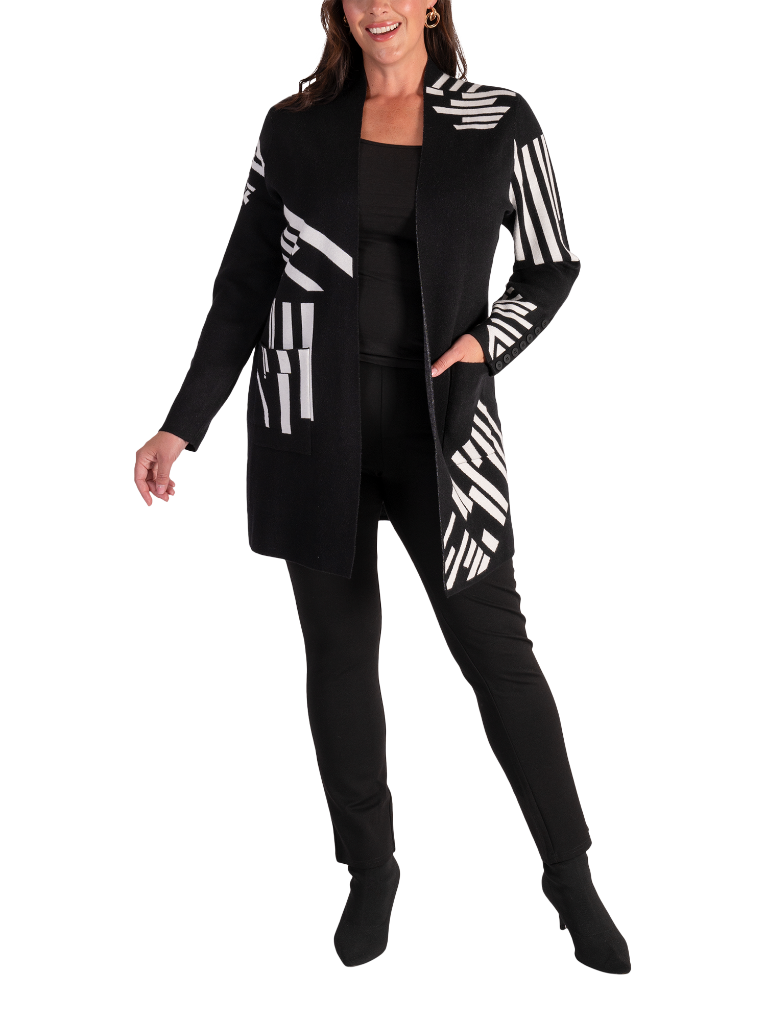 Product image 1 of 6, which shows chesca Piano Cardigan, Black/White, 14-16