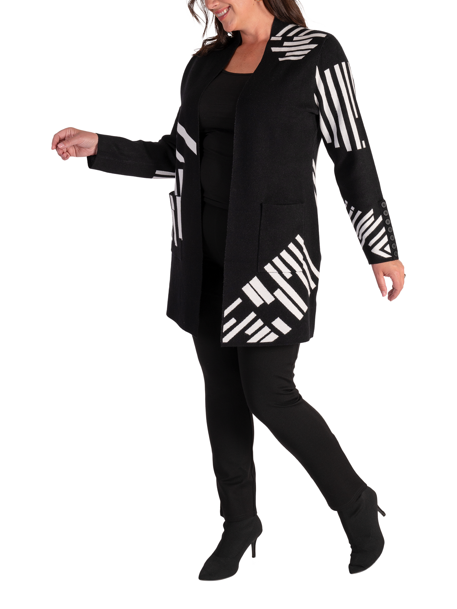 Product image 4 of 6, which shows chesca Piano Cardigan, Black/White, 14-16