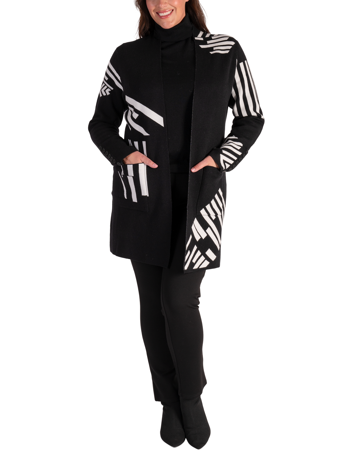 Product image 5 of 6, which shows chesca Piano Cardigan, Black/White, 14-16