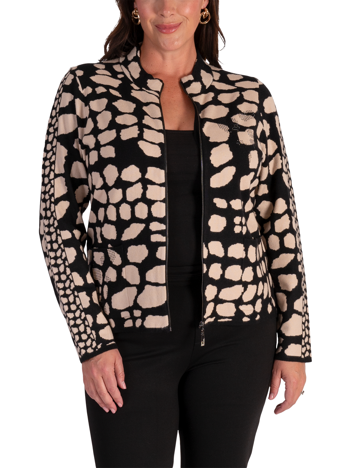 Product image 1 of 6, which shows chesca Animal Zip Front Cardigan, Biscotti/Black, 14-16