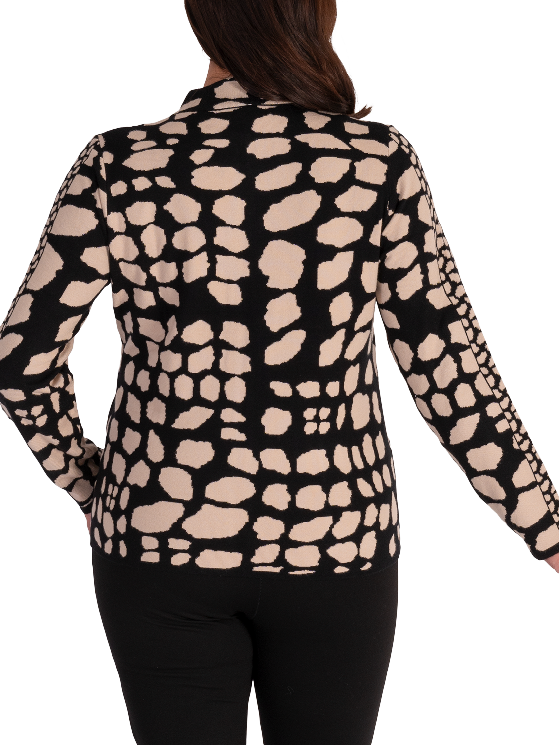Product image 2 of 6, which shows chesca Animal Zip Front Cardigan, Biscotti/Black, 14-16