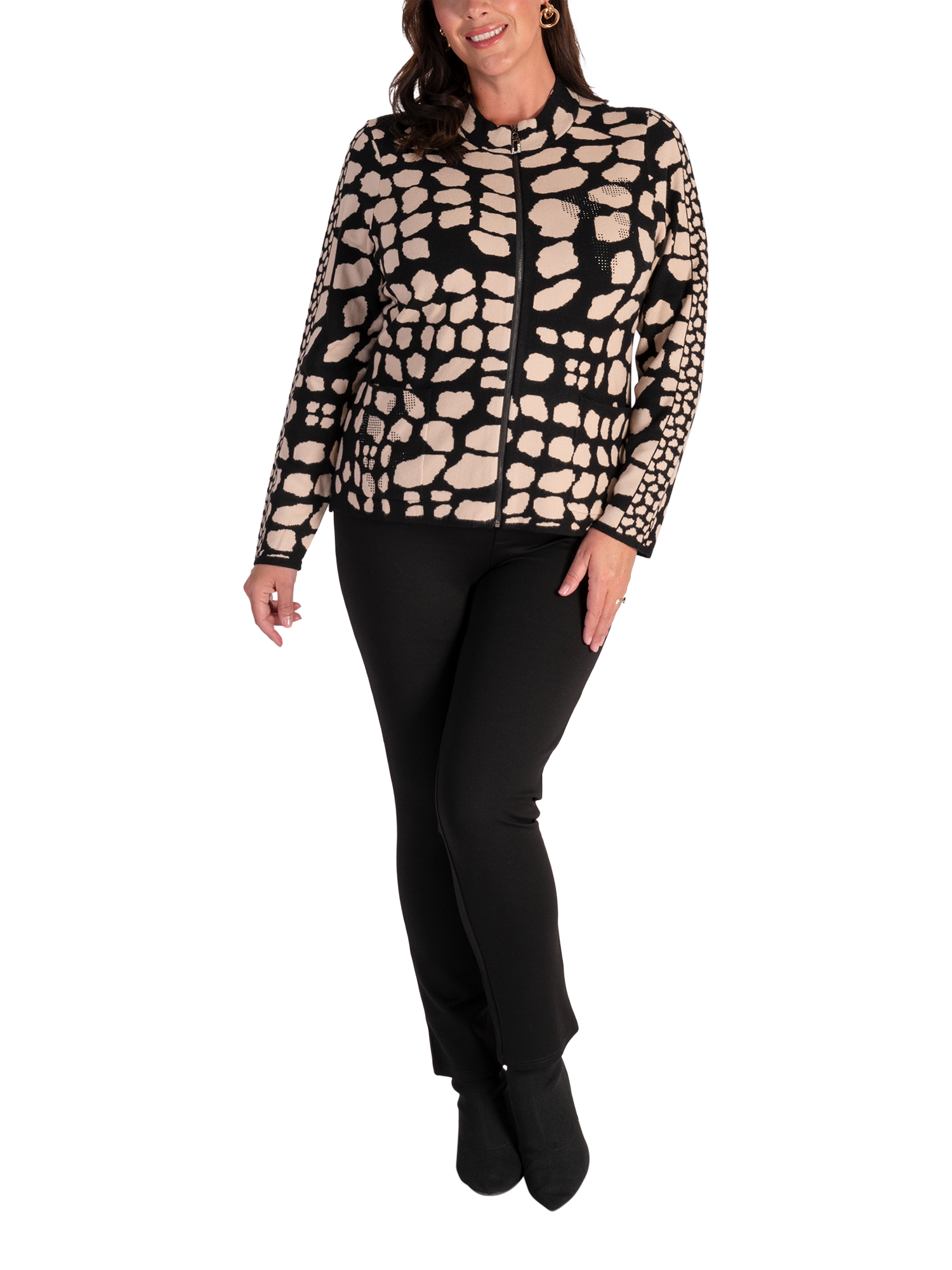 Product image 5 of 6, which shows chesca Animal Zip Front Cardigan, Biscotti/Black, 14-16