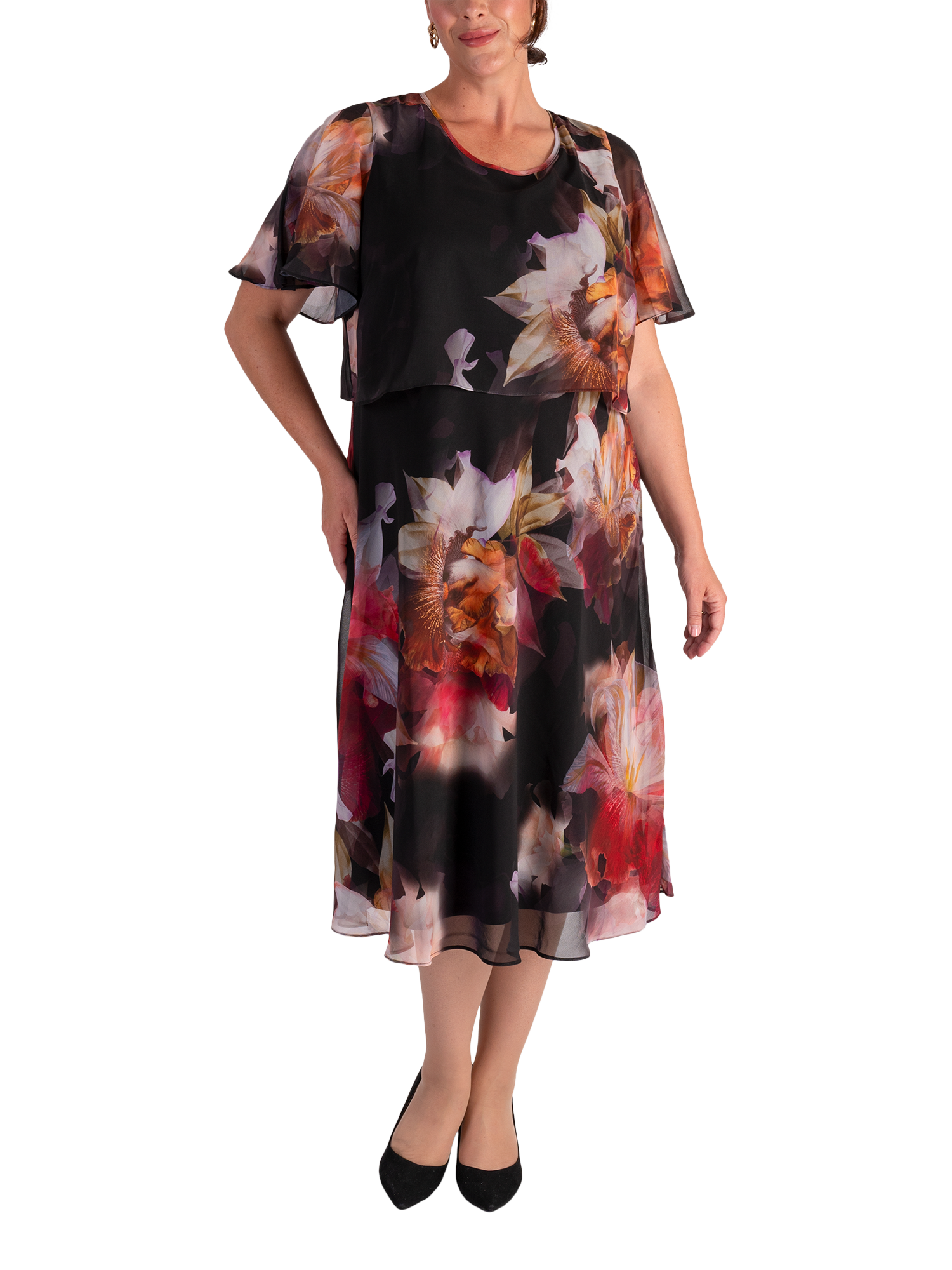 Product image 1 of 6, which shows chesca Orchid Print Layered Chiffon Dress, Black/Multi, 14