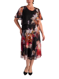 chesca Orchid Print Layered Chiffon Dress, Black/Multi, Black/Multi