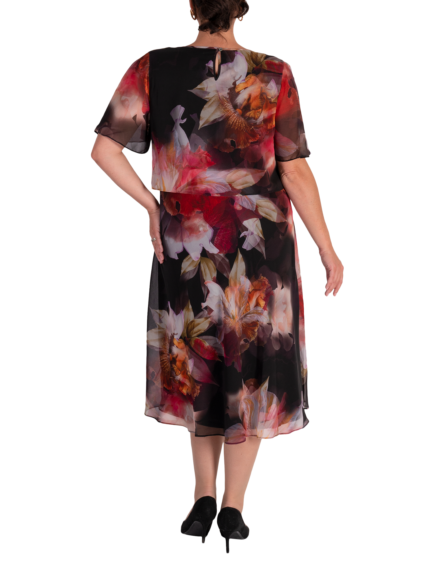 Product image 2 of 6, which shows chesca Orchid Print Layered Chiffon Dress, Black/Multi, 14